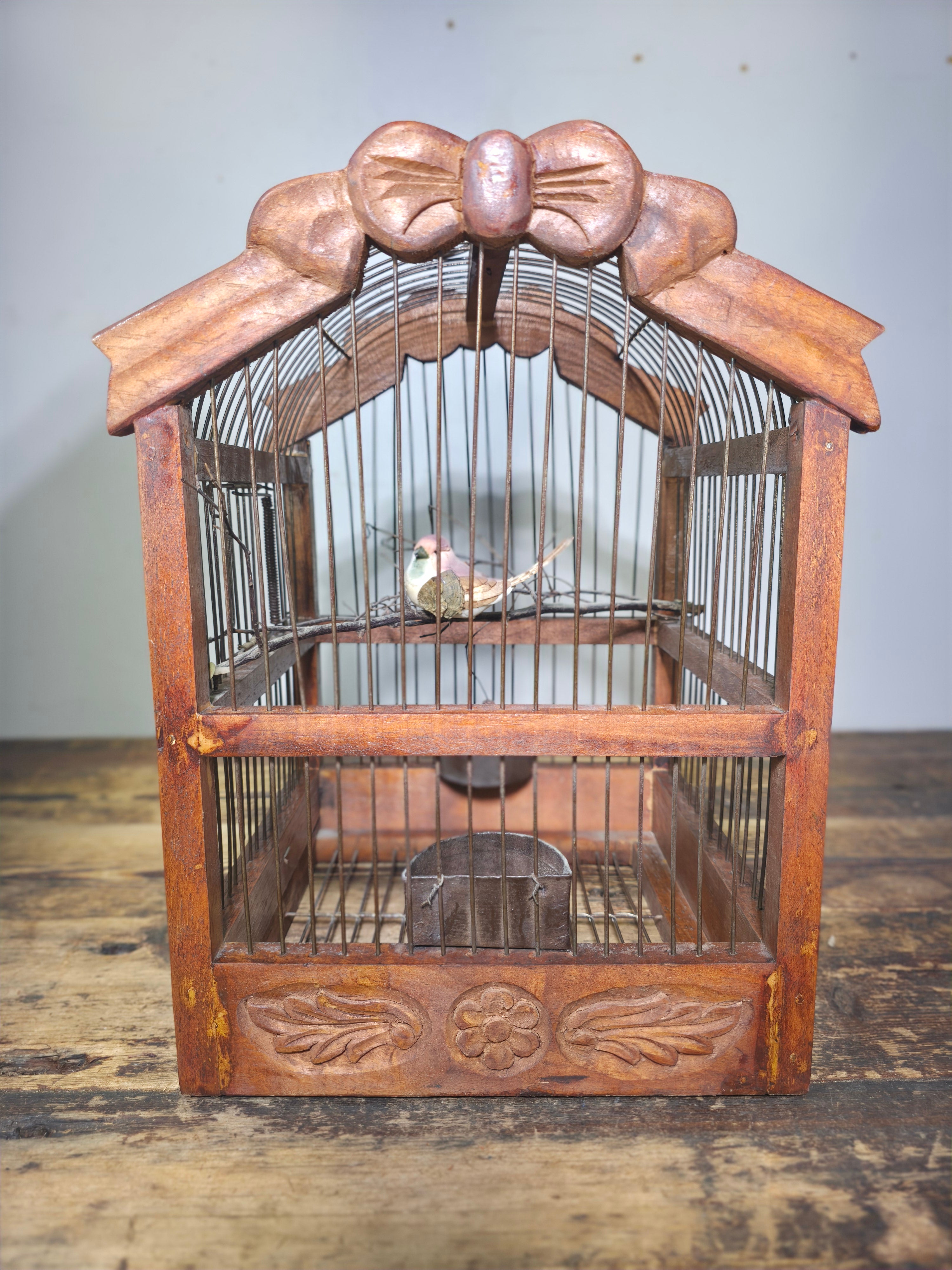 Vintage Hand-Carved Wood Birdcage - Large Floral & Bow Detailing with Songbird