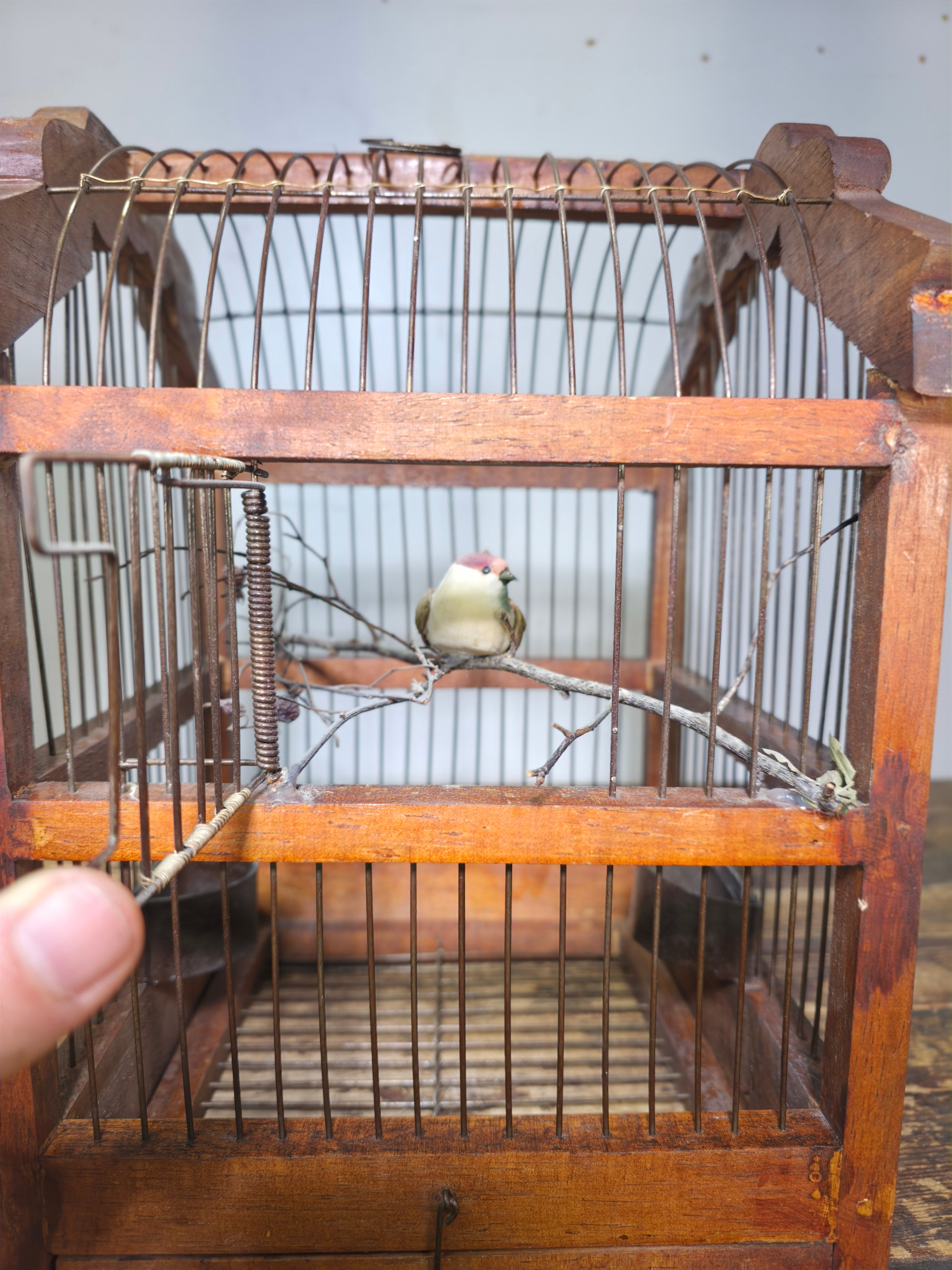 Vintage Hand-Carved Wood Birdcage - Large Floral & Bow Detailing with Songbird