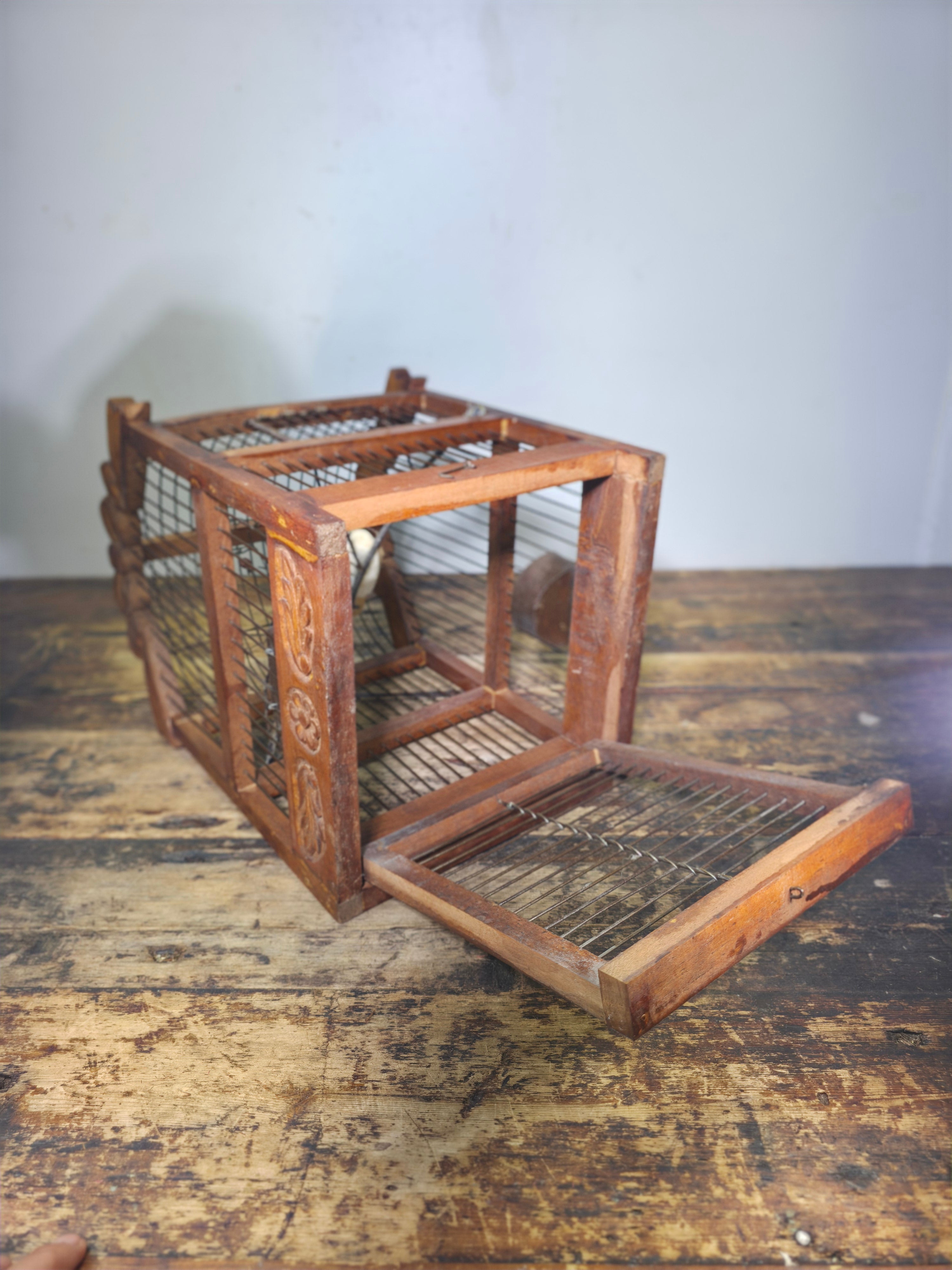Vintage Hand-Carved Wood Birdcage - Large Floral & Bow Detailing with Songbird