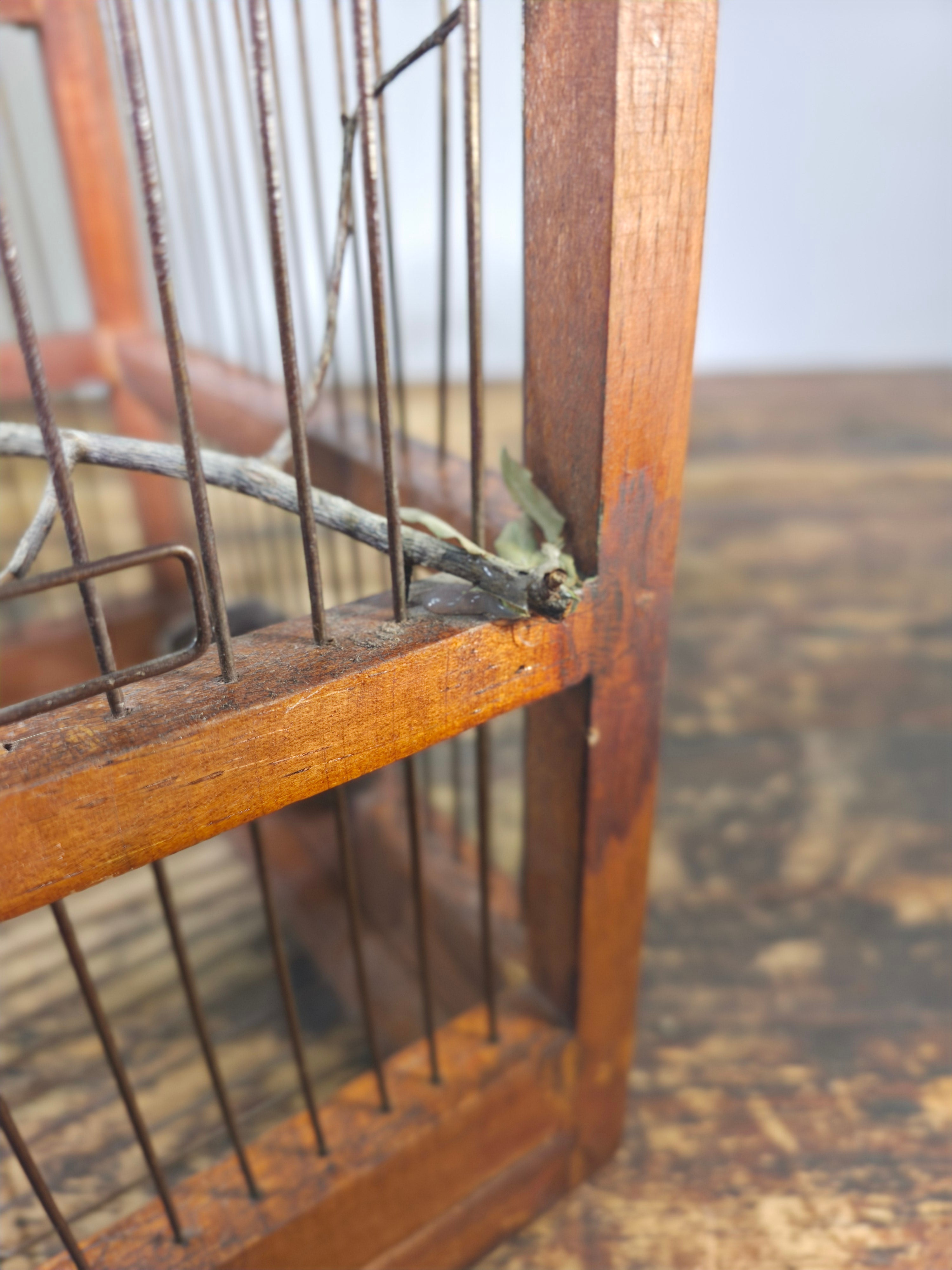 Vintage Hand-Carved Wood Birdcage - Large Floral & Bow Detailing with Songbird