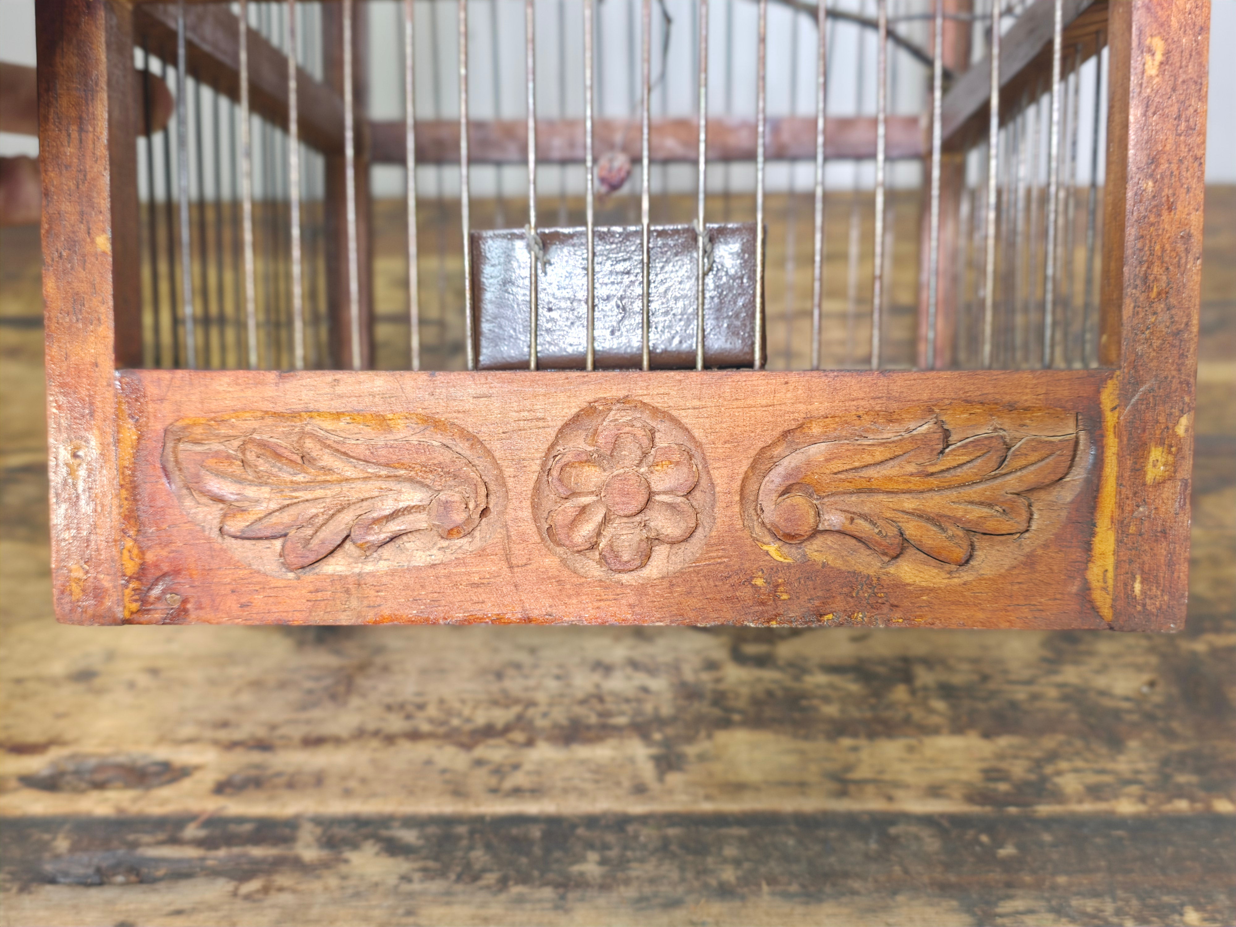 Vintage Hand-Carved Wood Birdcage - Large Floral & Bow Detailing with Songbird