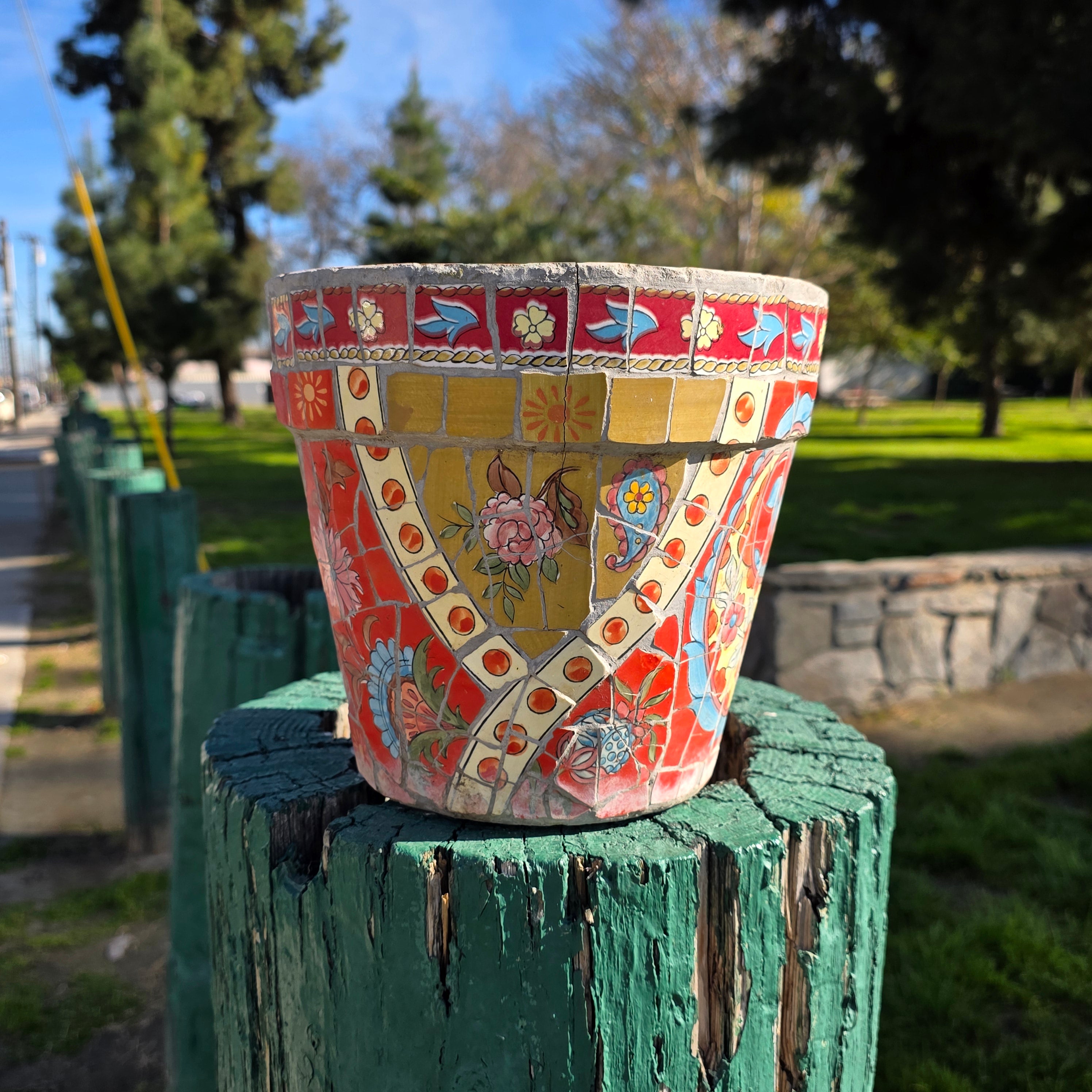 Vintage Handcrafted Mosaic Tile Planter - Vibrant Floral & Paisley Motif - 8.5" (As-Is)