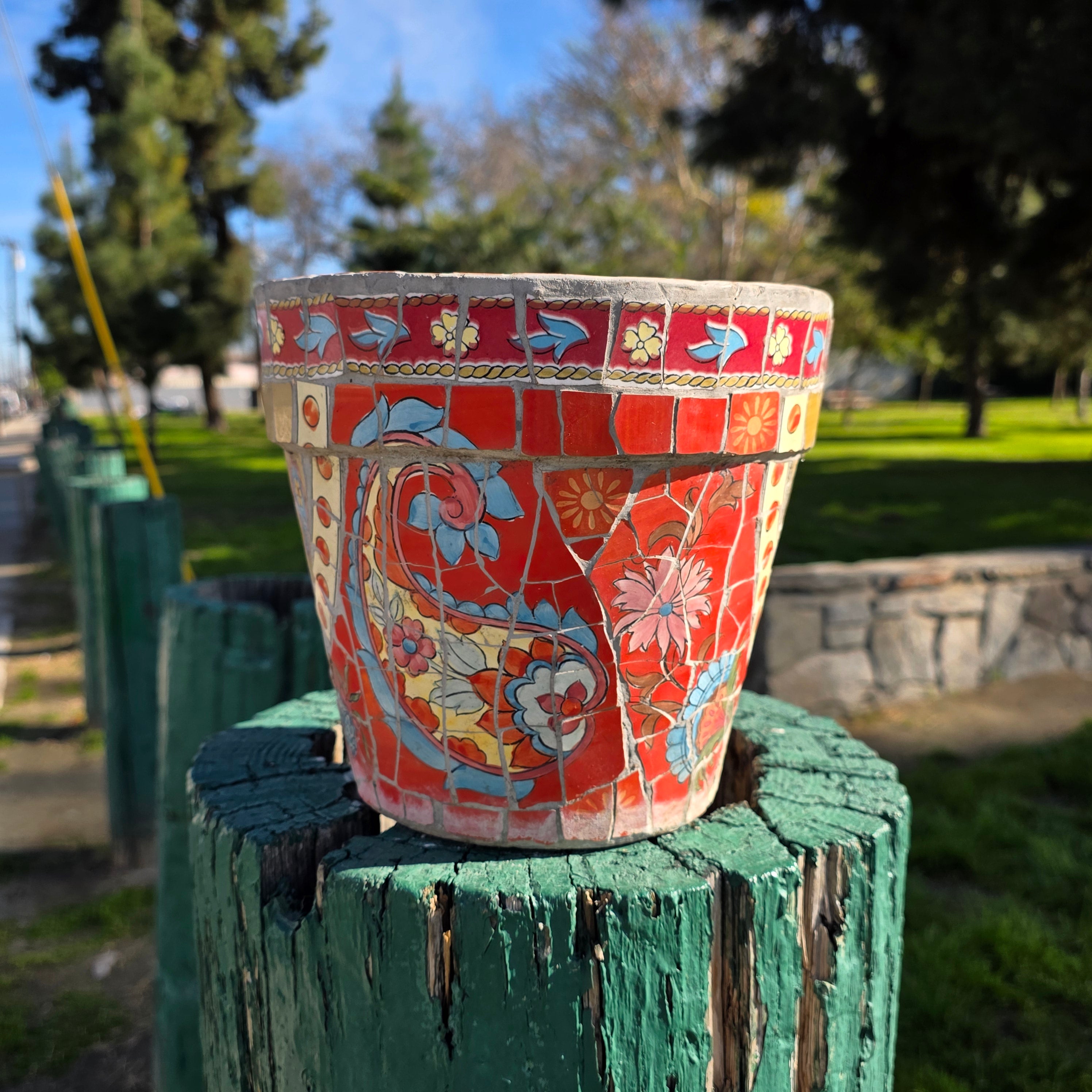 Vintage Handcrafted Mosaic Tile Planter - Vibrant Floral & Paisley Motif - 8.5" (As-Is)