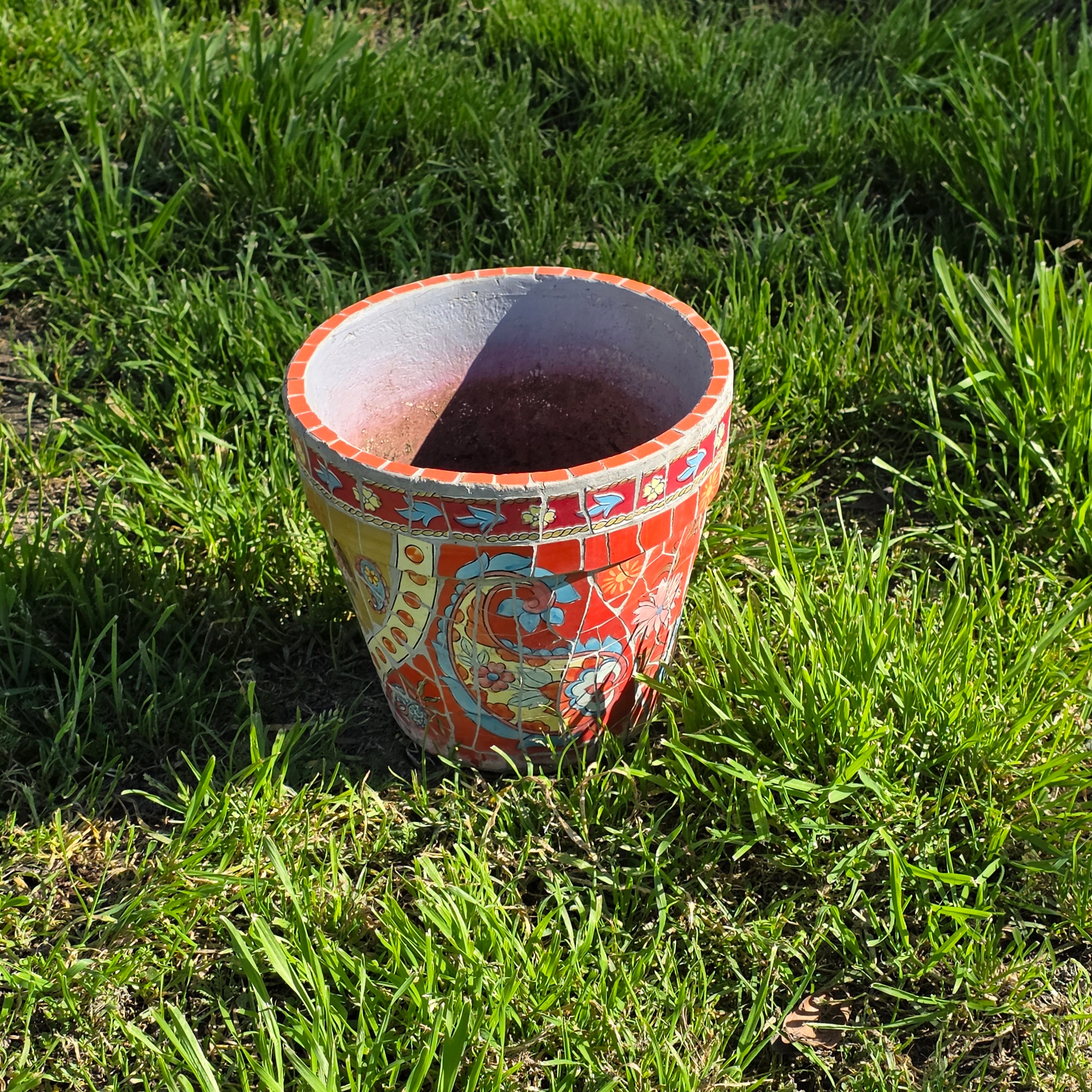 Vintage Handcrafted Mosaic Tile Planter - Vibrant Floral & Paisley Motif - 8.5" (As-Is)