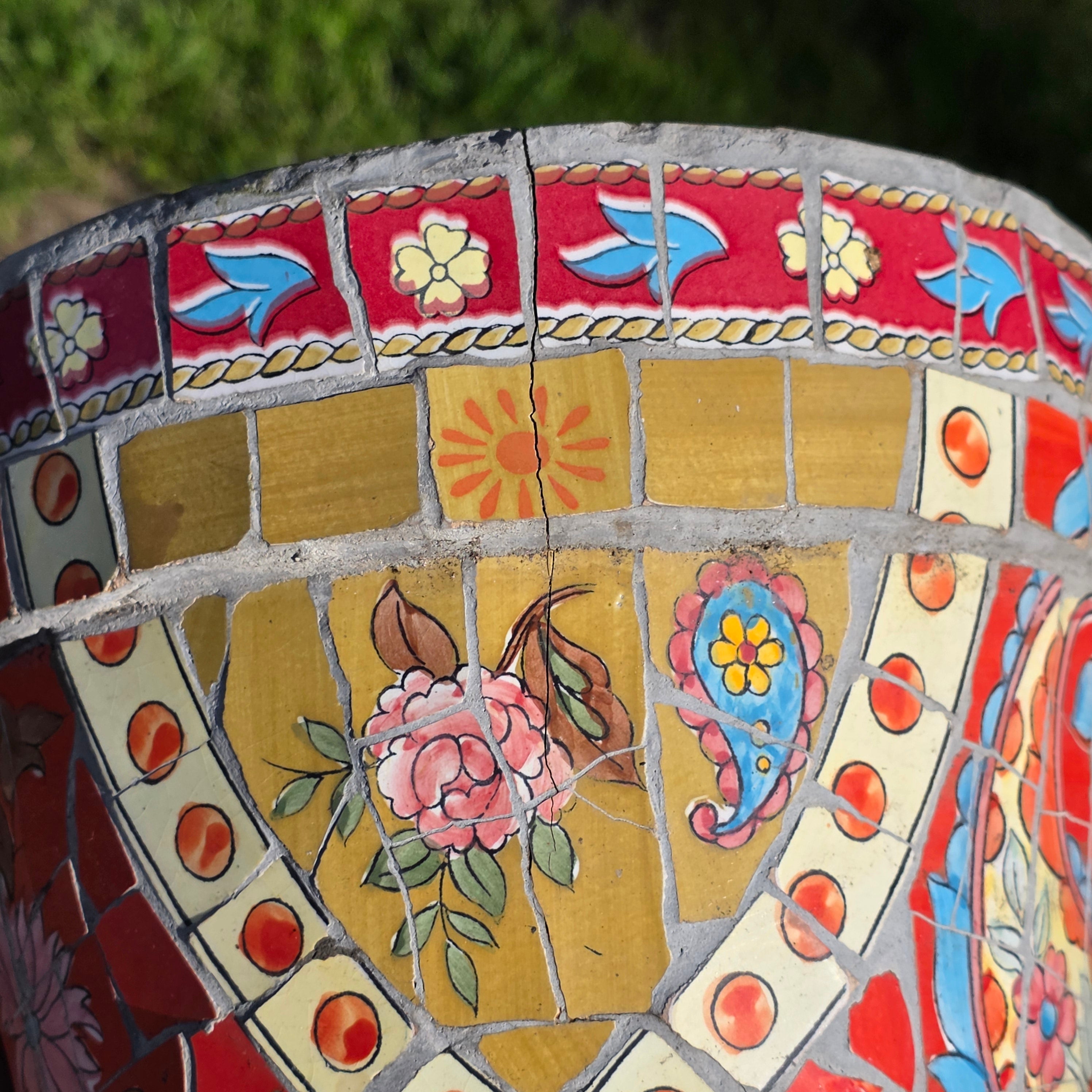 Vintage Handcrafted Mosaic Tile Planter - Vibrant Floral & Paisley Motif - 8.5" (As-Is)