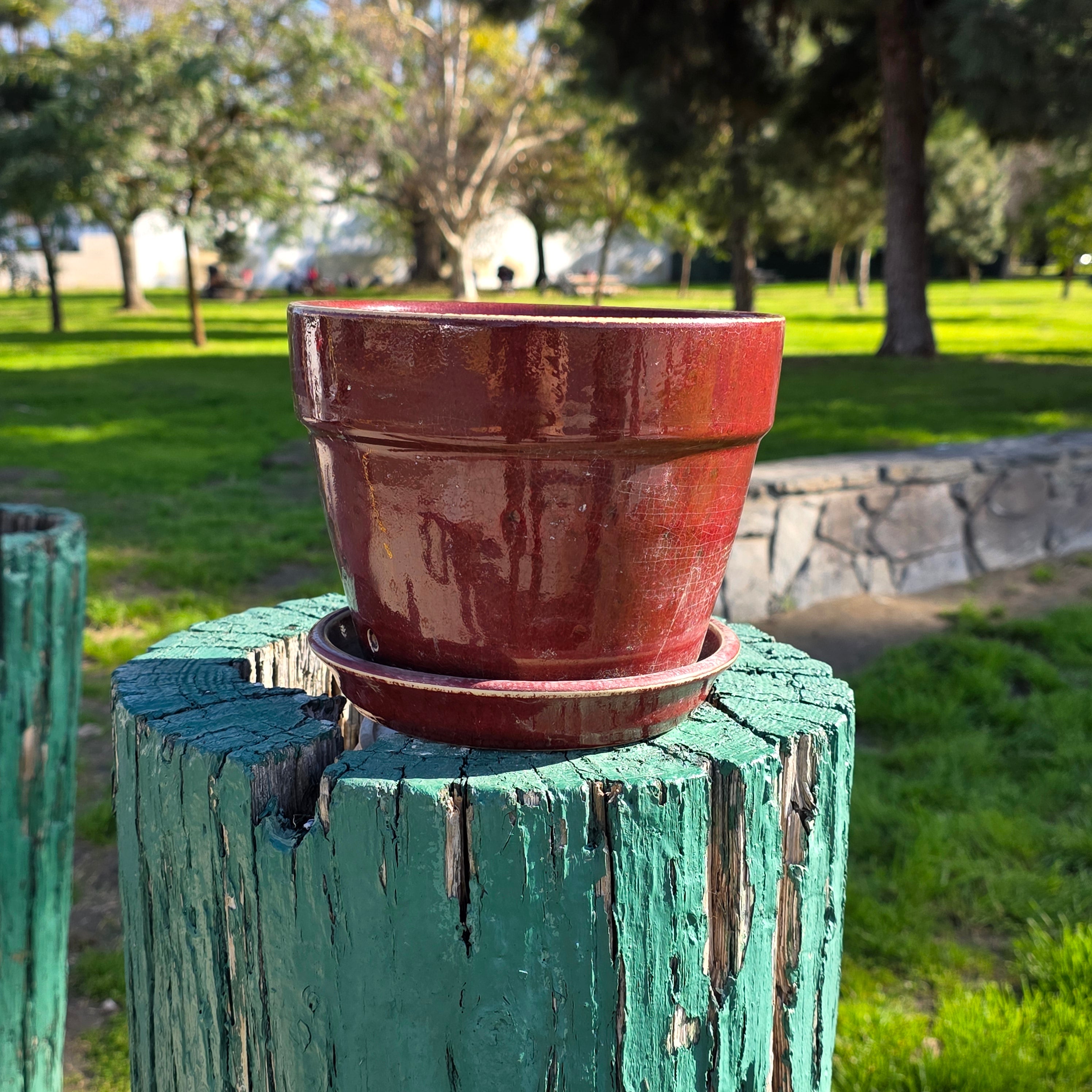 Vintage Oxblood Red Ceramic Planter with Matching Saucer - 7" Glazed Plant Pot