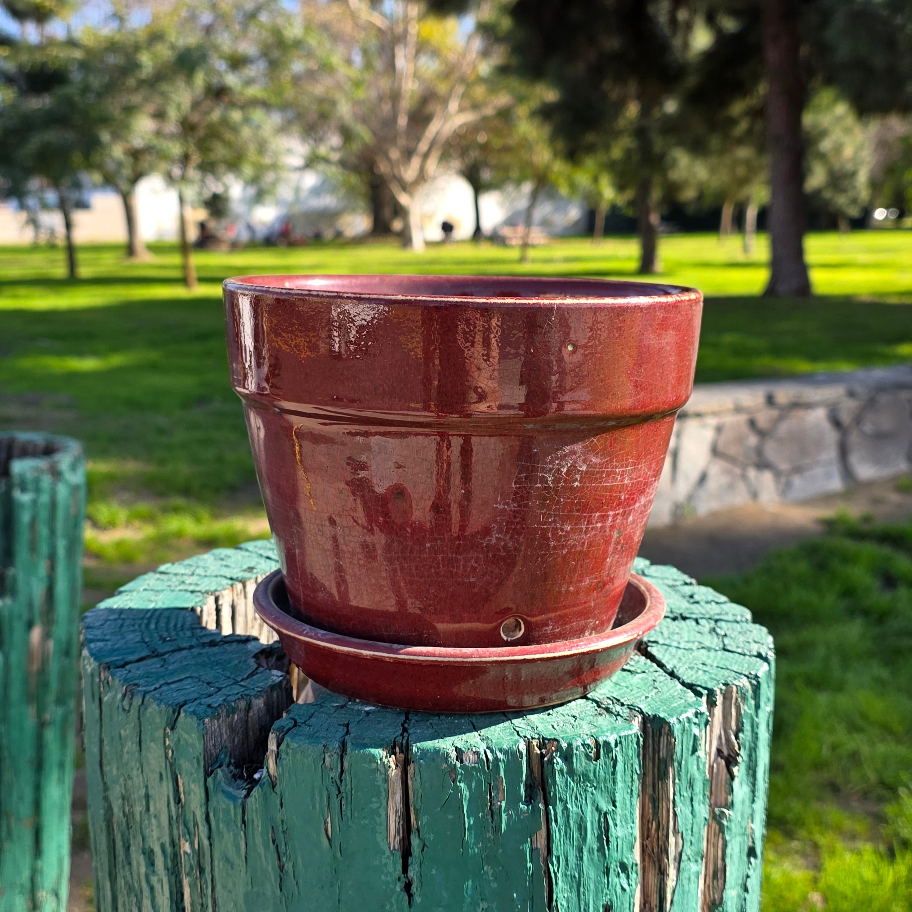 Vintage Oxblood Red Ceramic Planter with Matching Saucer - 7" Glazed Plant Pot