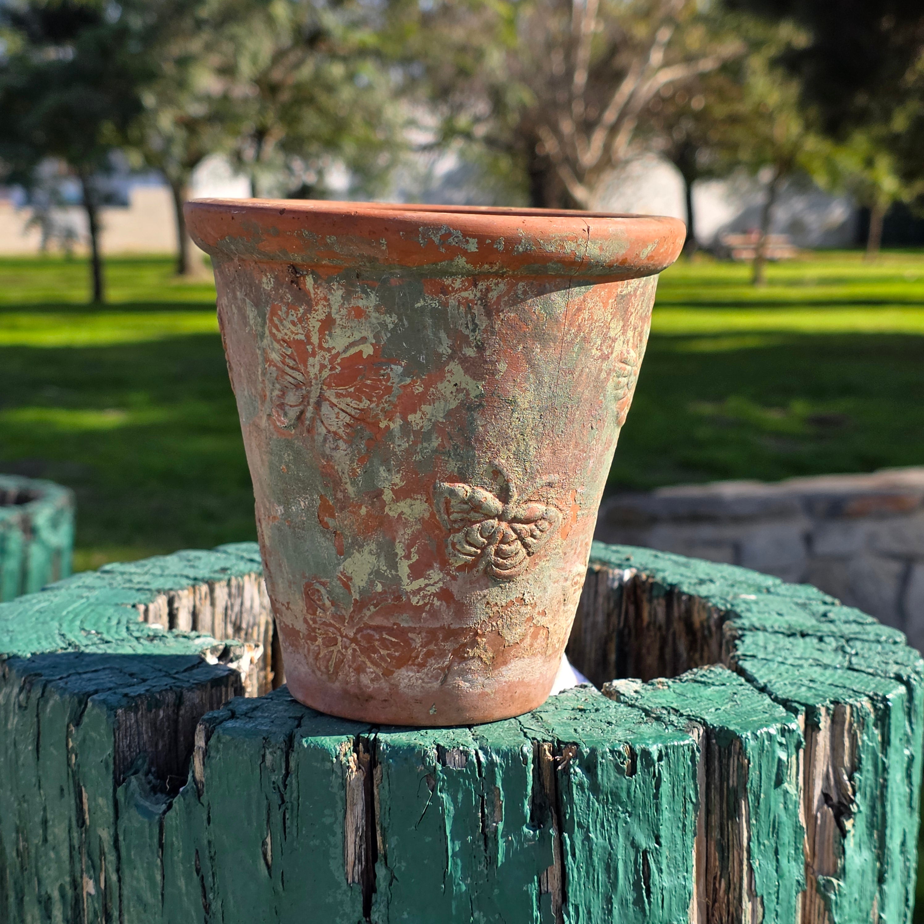 Vintage Butterfly Motif Terracotta Planter - Weathered Aged Patina Garden Decor