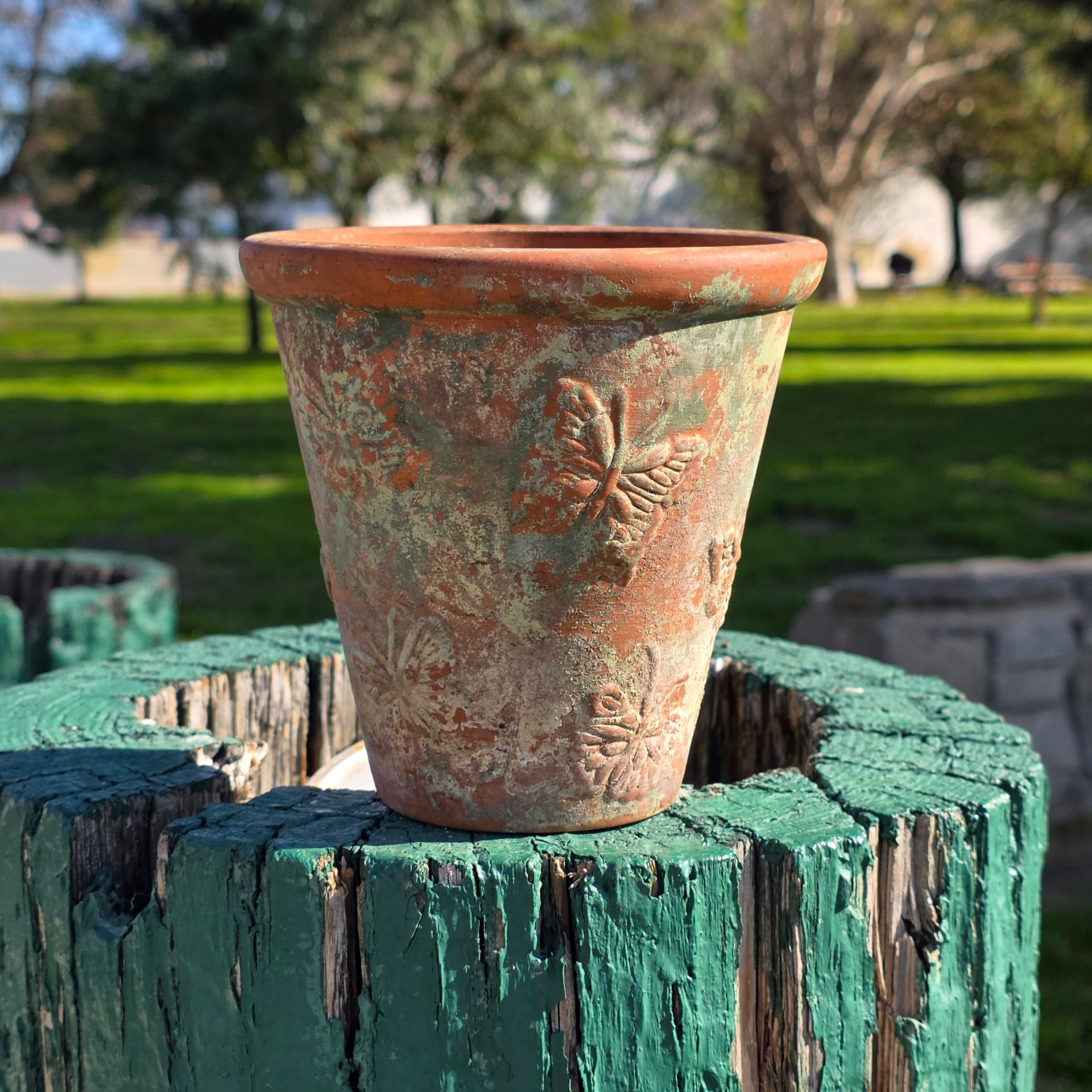 Vintage Butterfly Motif Terracotta Planter - Weathered Aged Patina Garden Decor