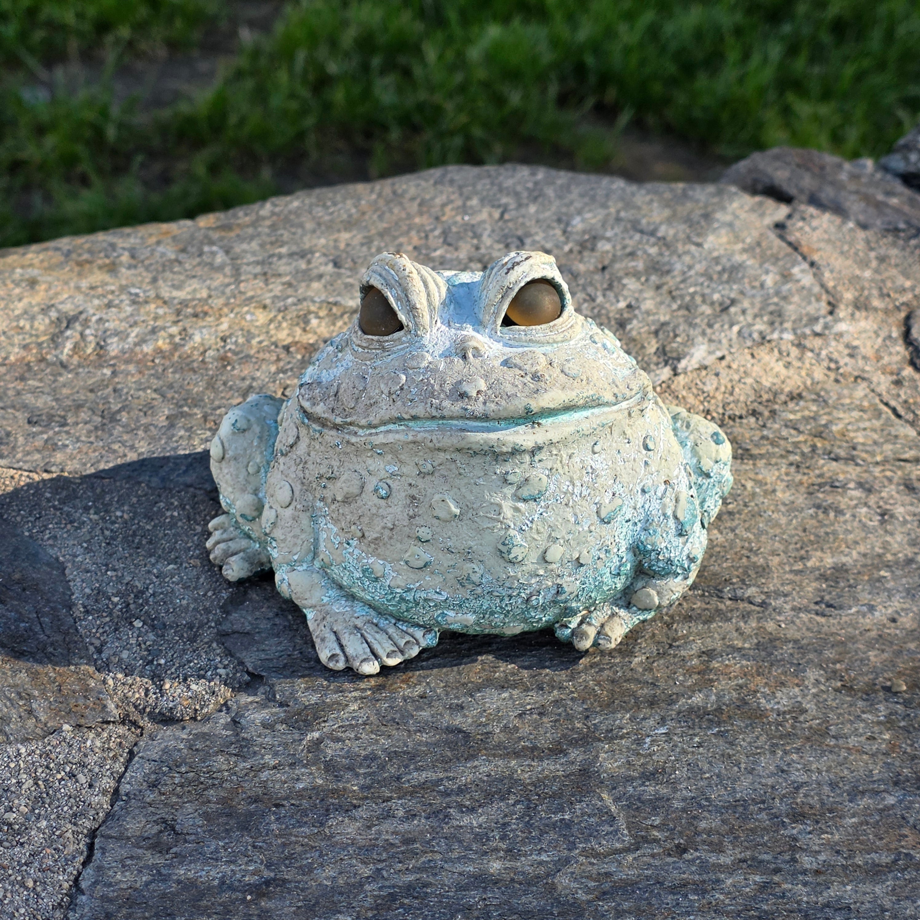 Vintage Cast Resin Toad Garden Statue - Weathered Verdigris Patina