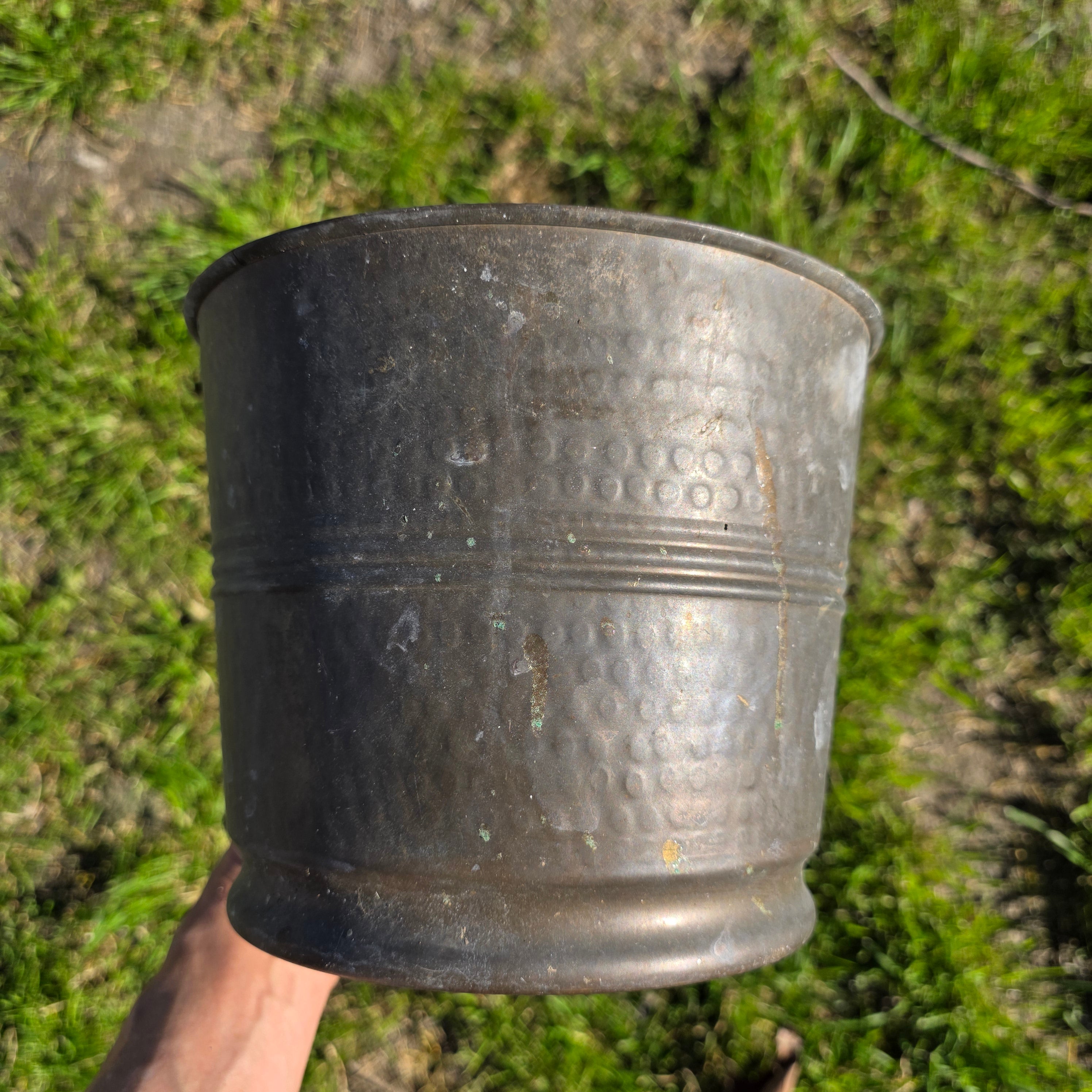 Vintage Solid Brass Planter - Hammered Finish - Made in India - 8.5" Round