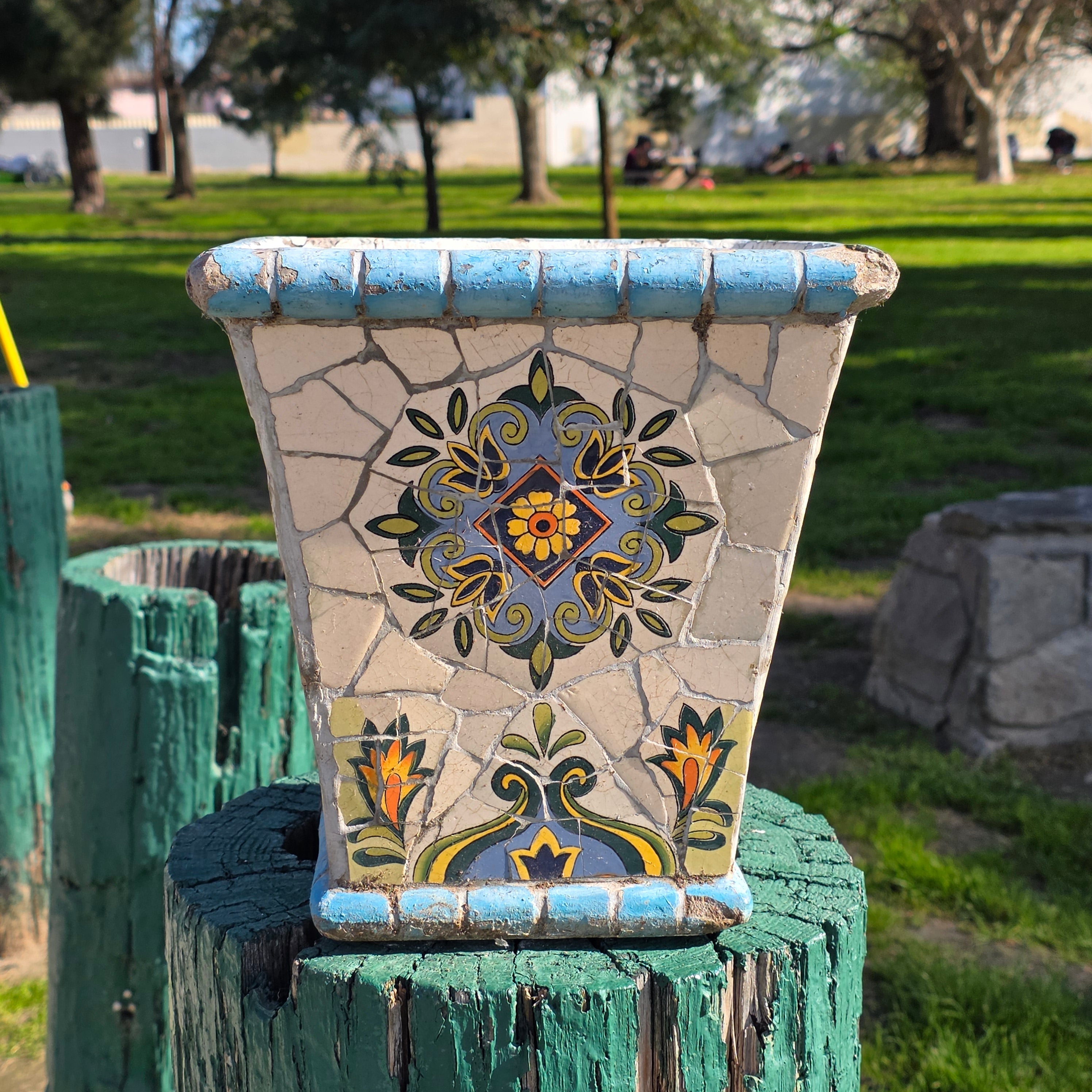 Vintage Mediterranean-Style Mosaic Tile Planter - Square Tapered Pot (As-Is)