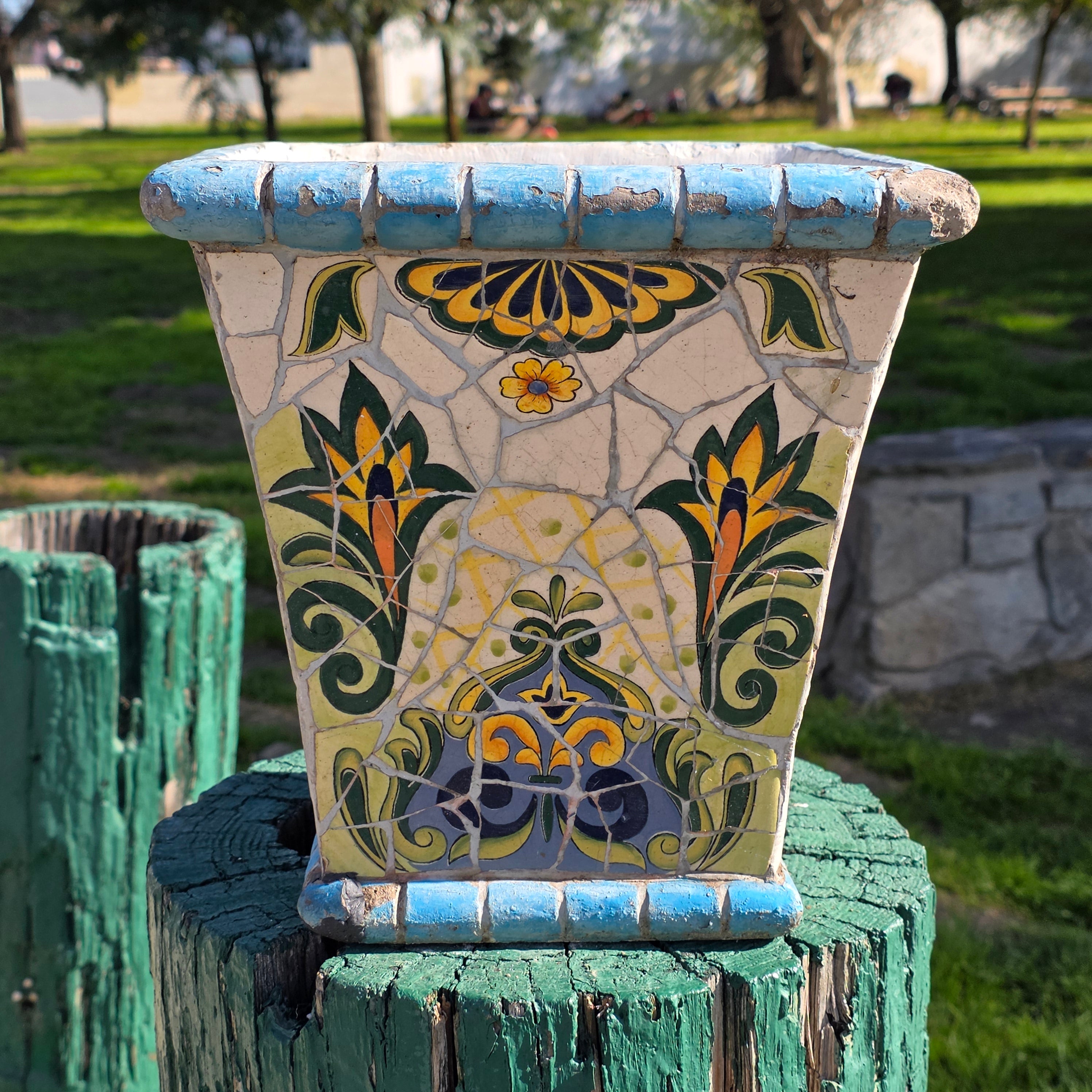 Vintage Mediterranean-Style Mosaic Tile Planter - Square Tapered Pot (As-Is)