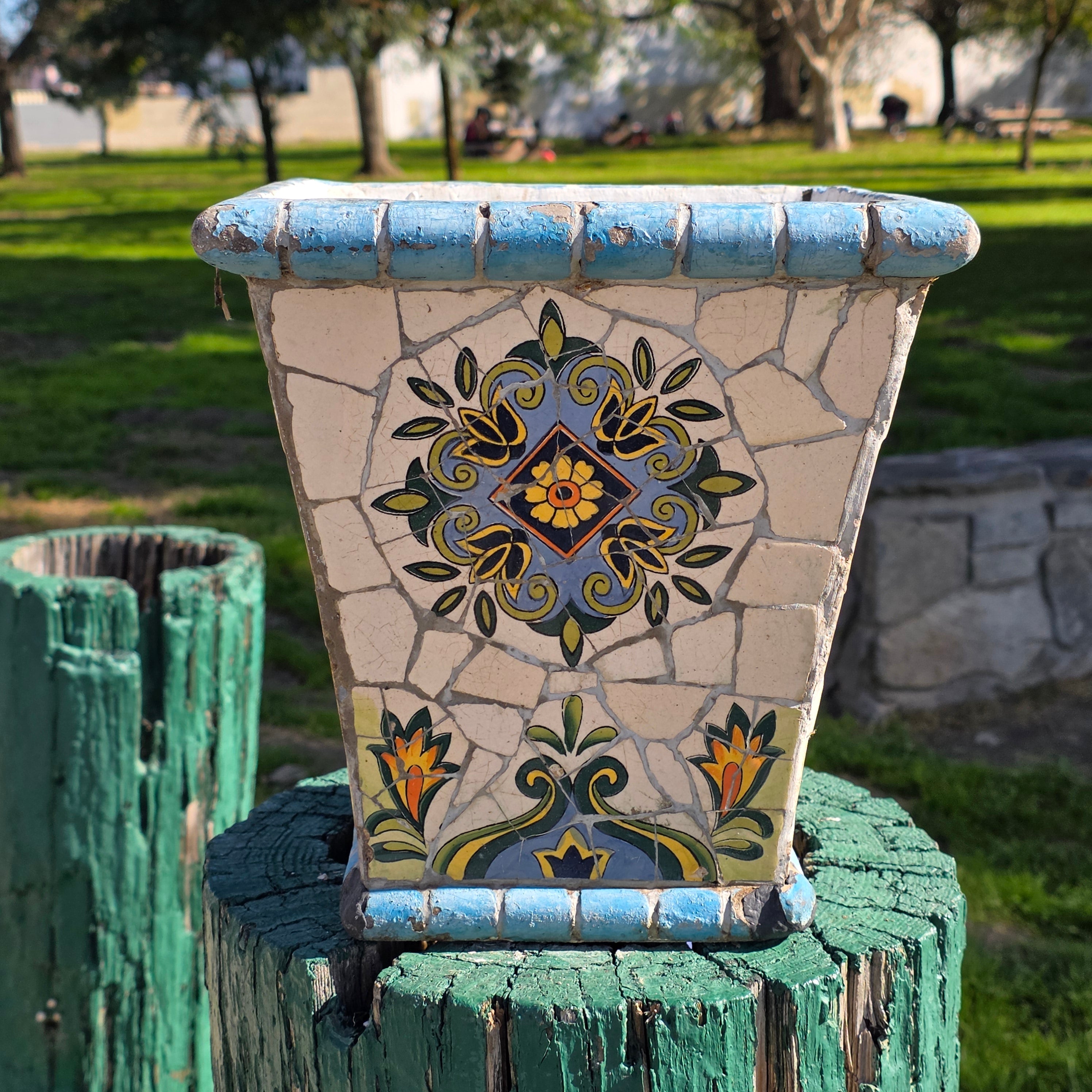 Vintage Mediterranean-Style Mosaic Tile Planter - Square Tapered Pot (As-Is)