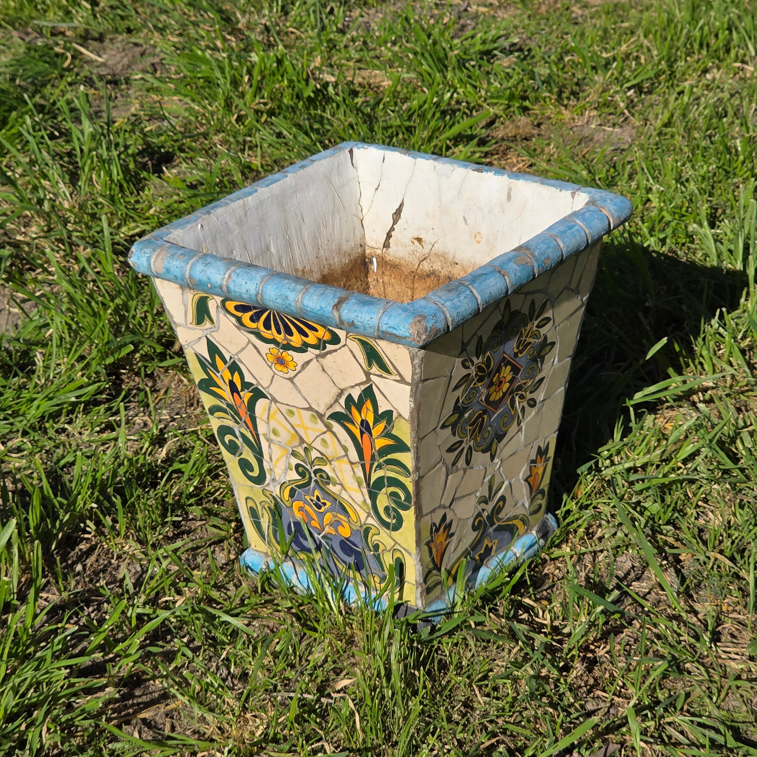 Vintage Mediterranean-Style Mosaic Tile Planter - Square Tapered Pot (As-Is)