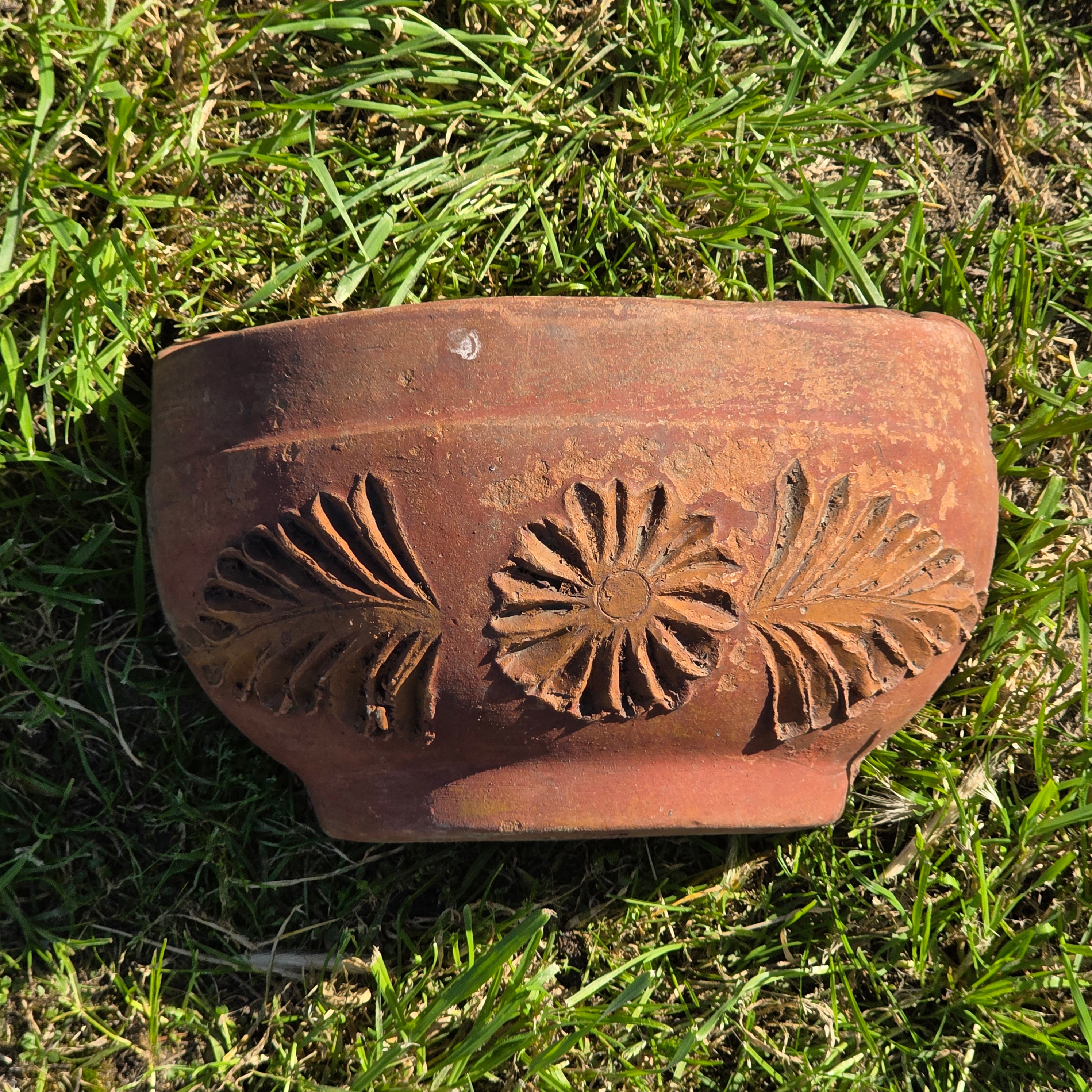 Vintage Heavyweight Terracotta Wall Planter - Elaborate Floral Relief