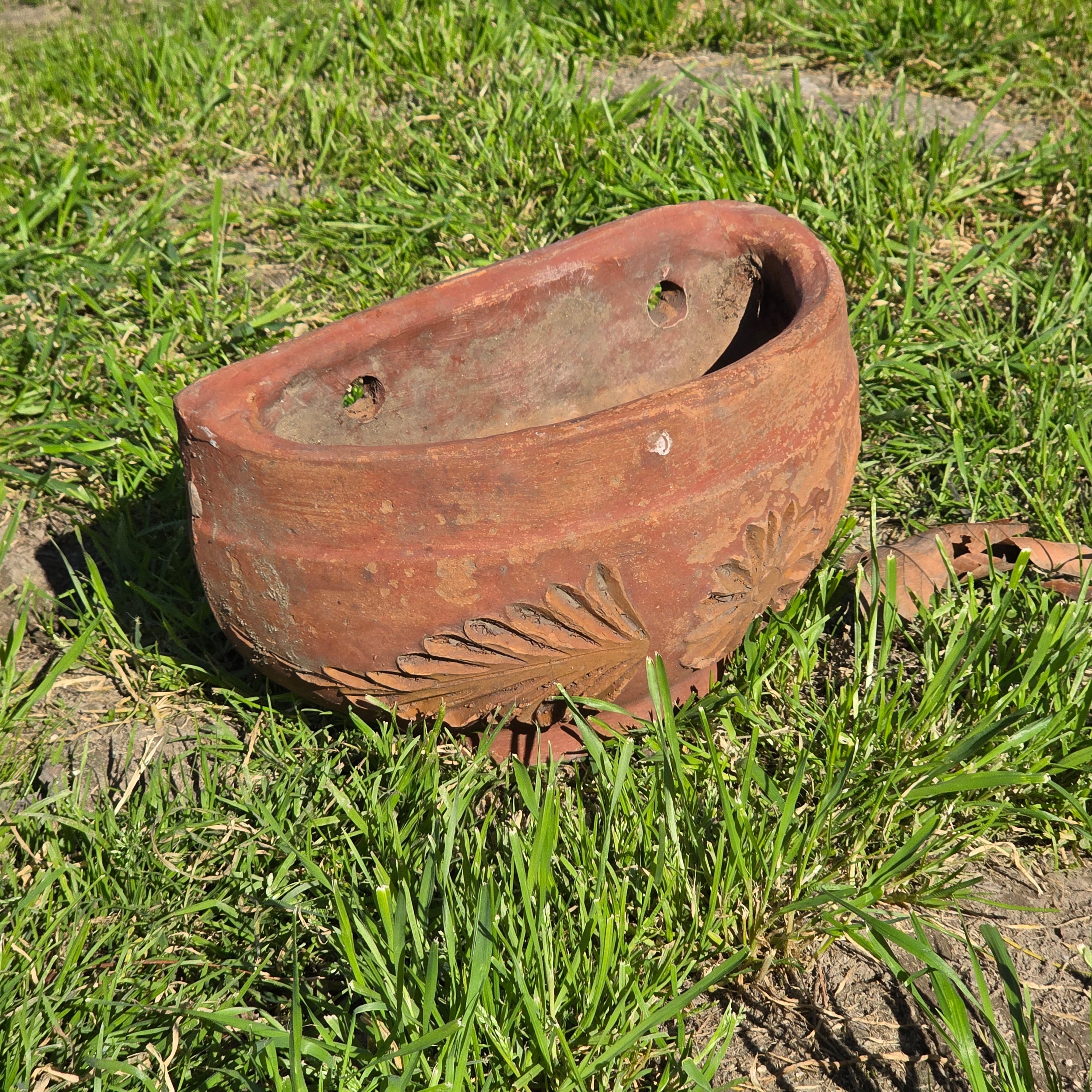 Vintage Heavyweight Terracotta Wall Planter - Elaborate Floral Relief