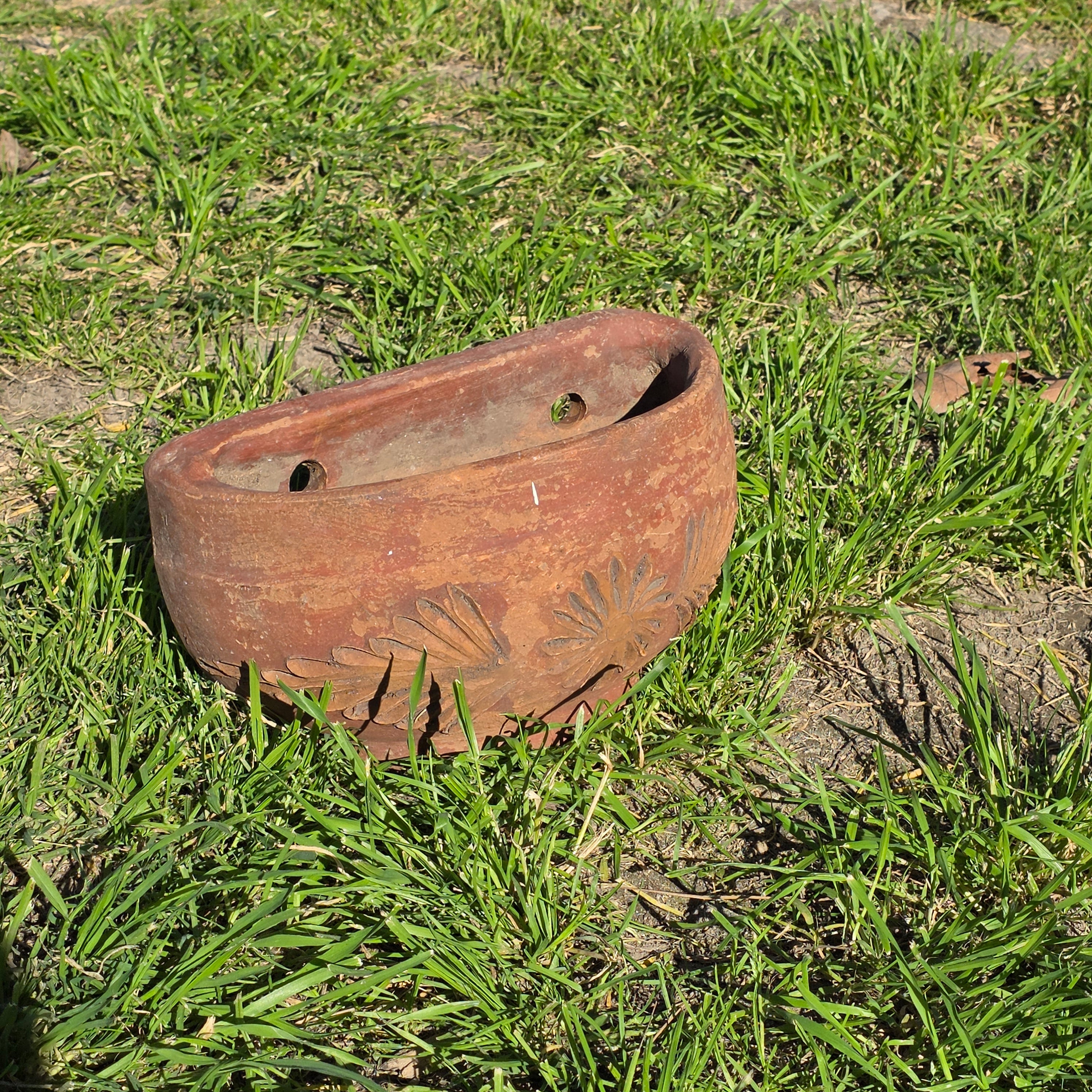 Vintage Heavyweight Terracotta Wall Planter - Elaborate Floral Relief