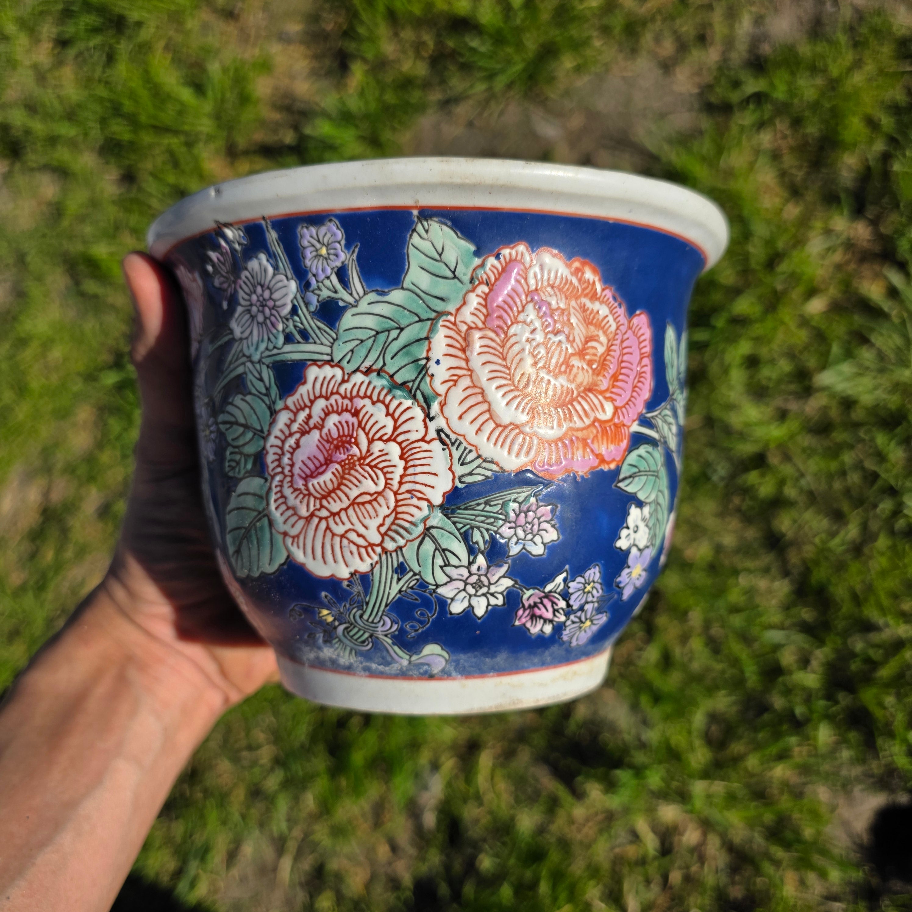 Vintage 6.5" Cobalt Blue Porcelain Planter - Peony Floral Motif