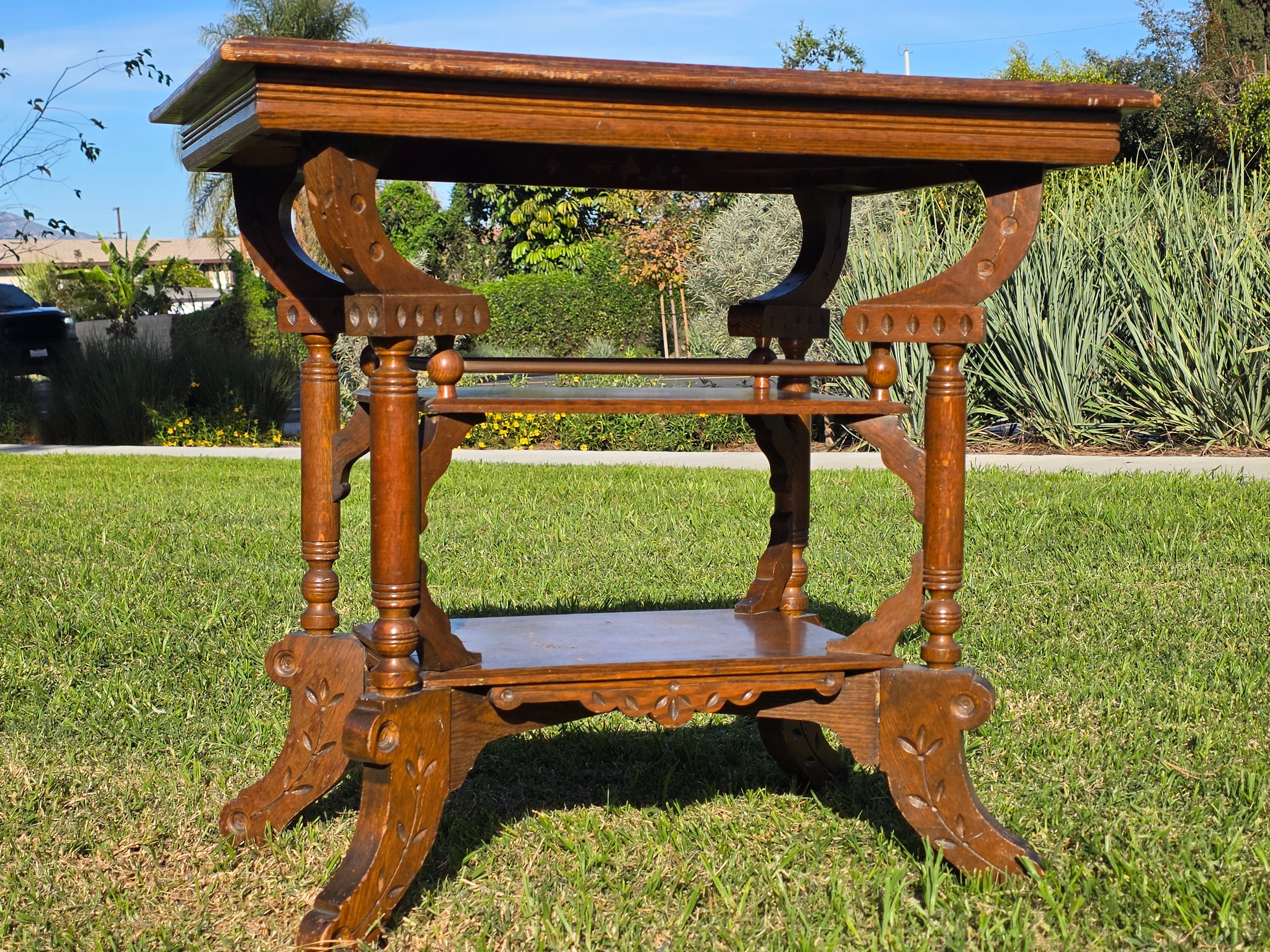 Antique Eastlake Victorian 2-Tier Parlor Table - Geometric Carvings Oak 19th C