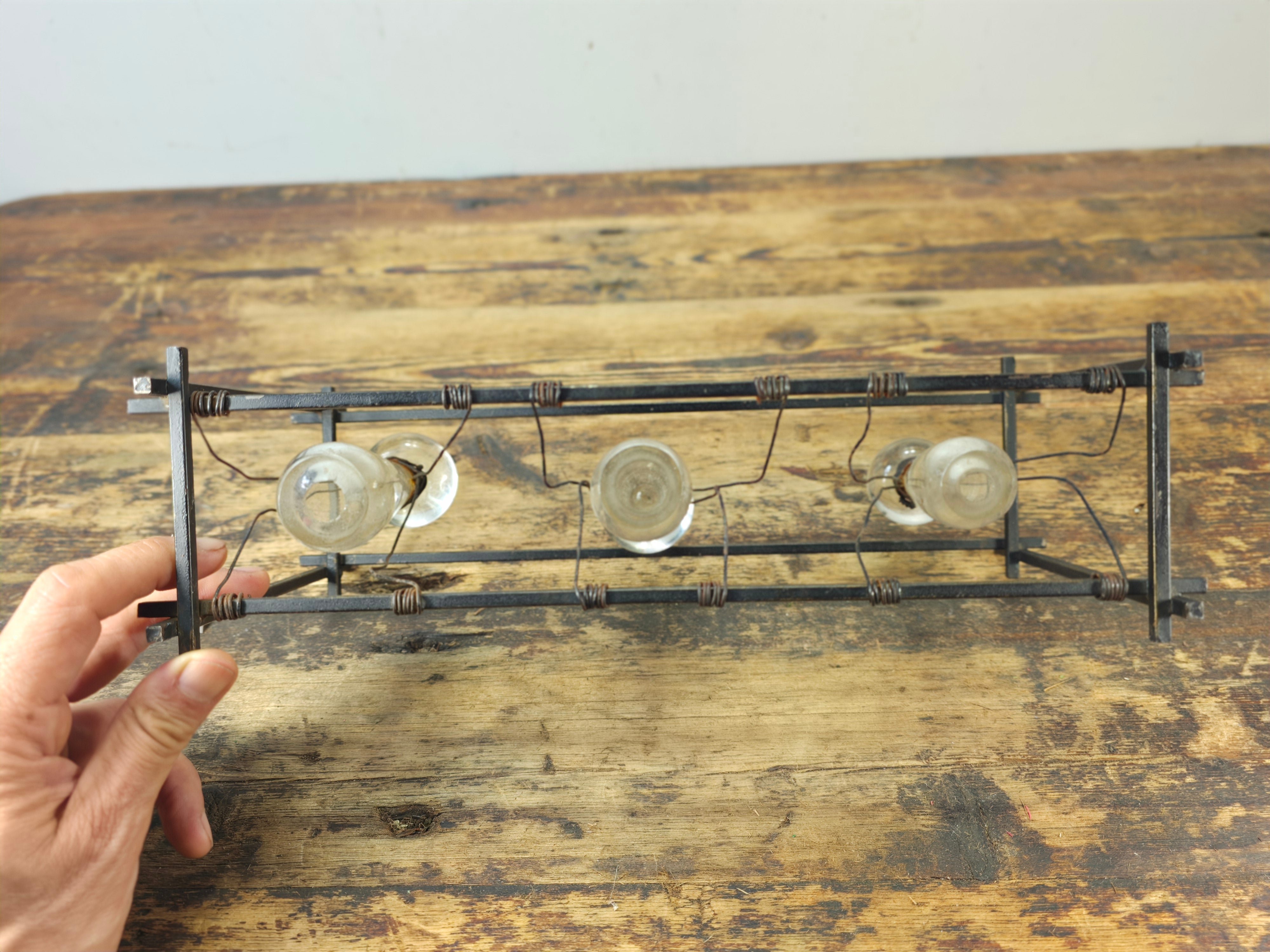 Vintage Brutalist Industrial Triple Hanging Bud Vase - Iron & Glass