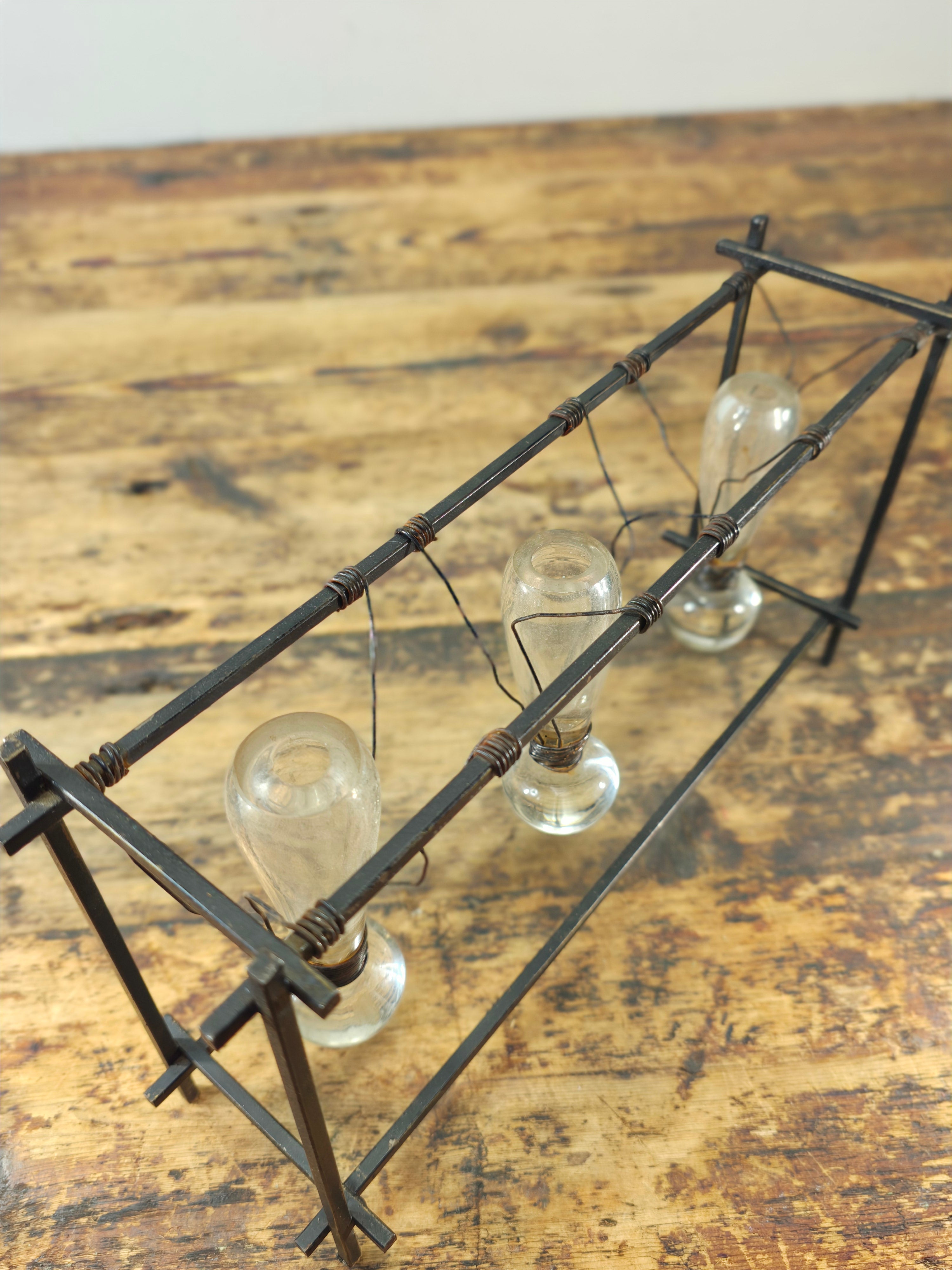 Vintage Brutalist Industrial Triple Hanging Bud Vase - Iron & Glass