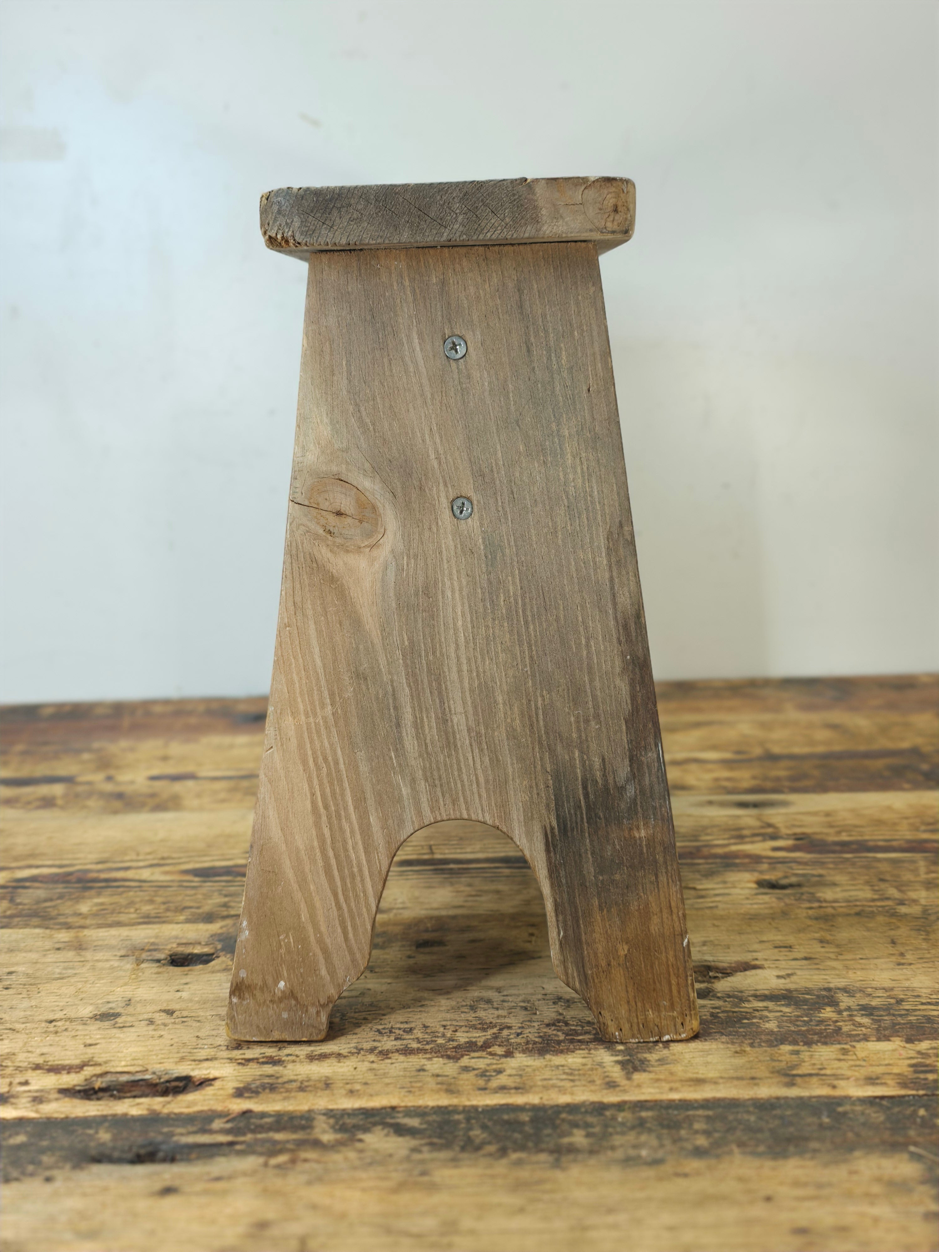 Vintage 1986 Handmade Rustic Wood Stool with Dual Grip - JS 86 Marked