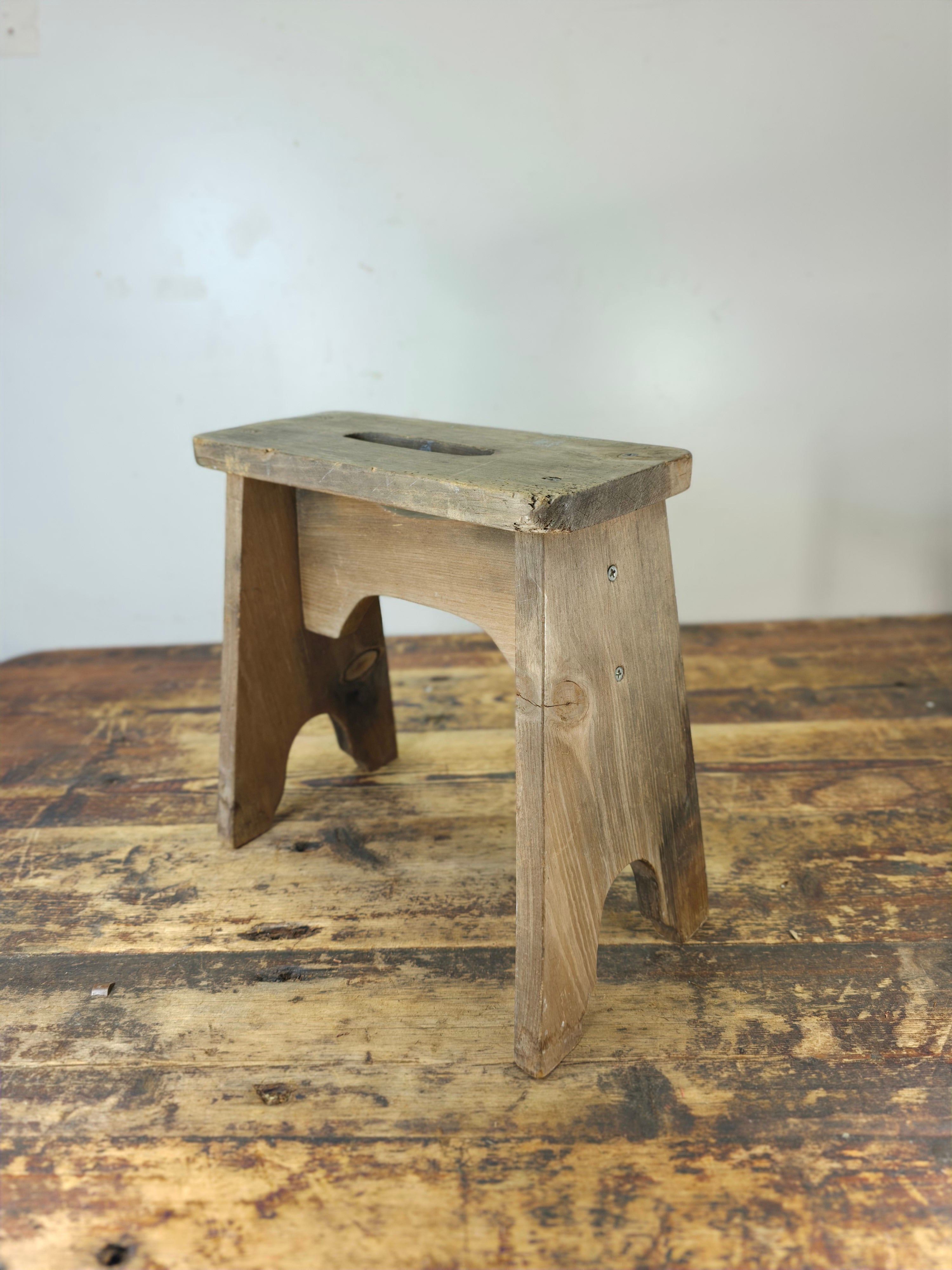 Vintage 1986 Handmade Rustic Wood Stool with Dual Grip - JS 86 Marked