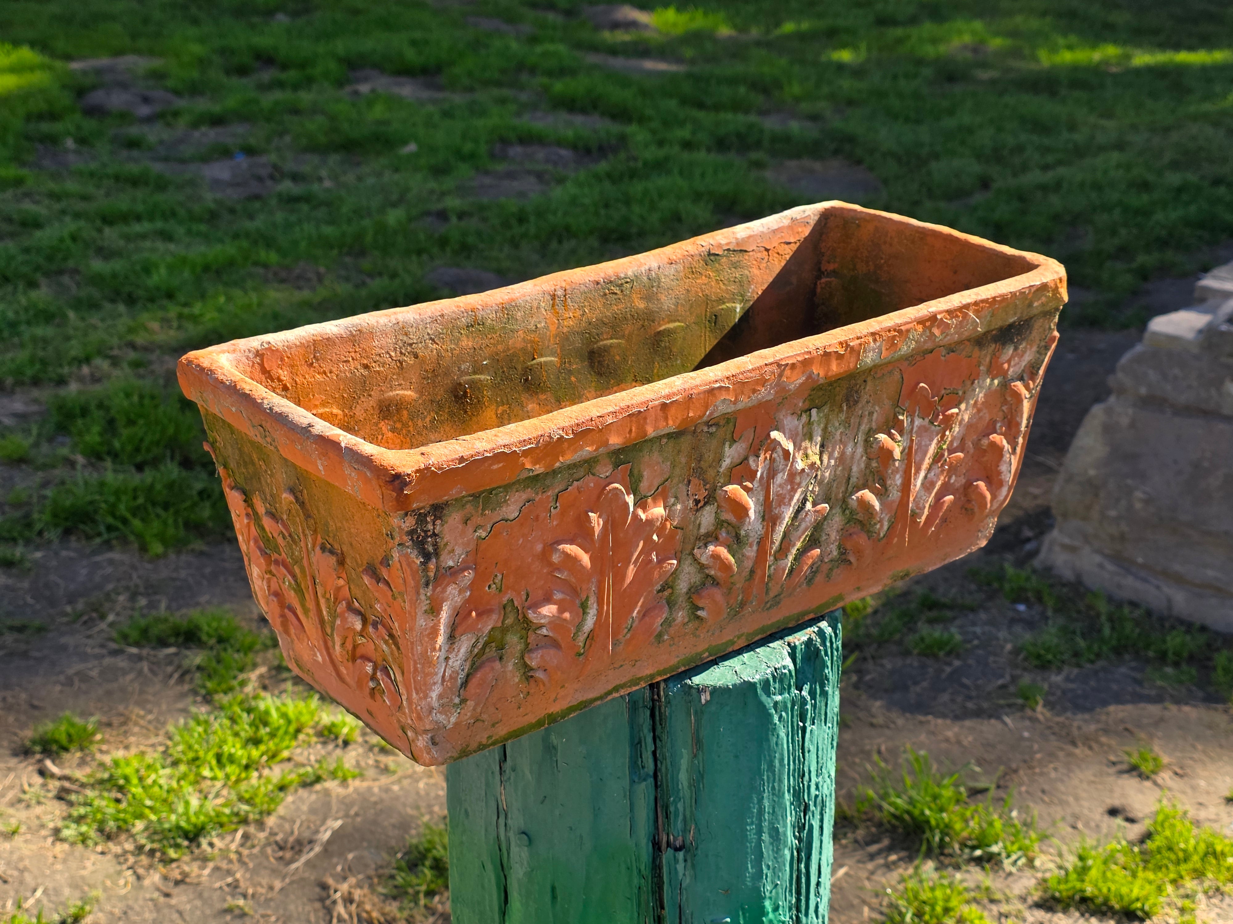 Vintage Italian Terracotta Rectangular Planter - Acanthus Relief Design, 18.5"