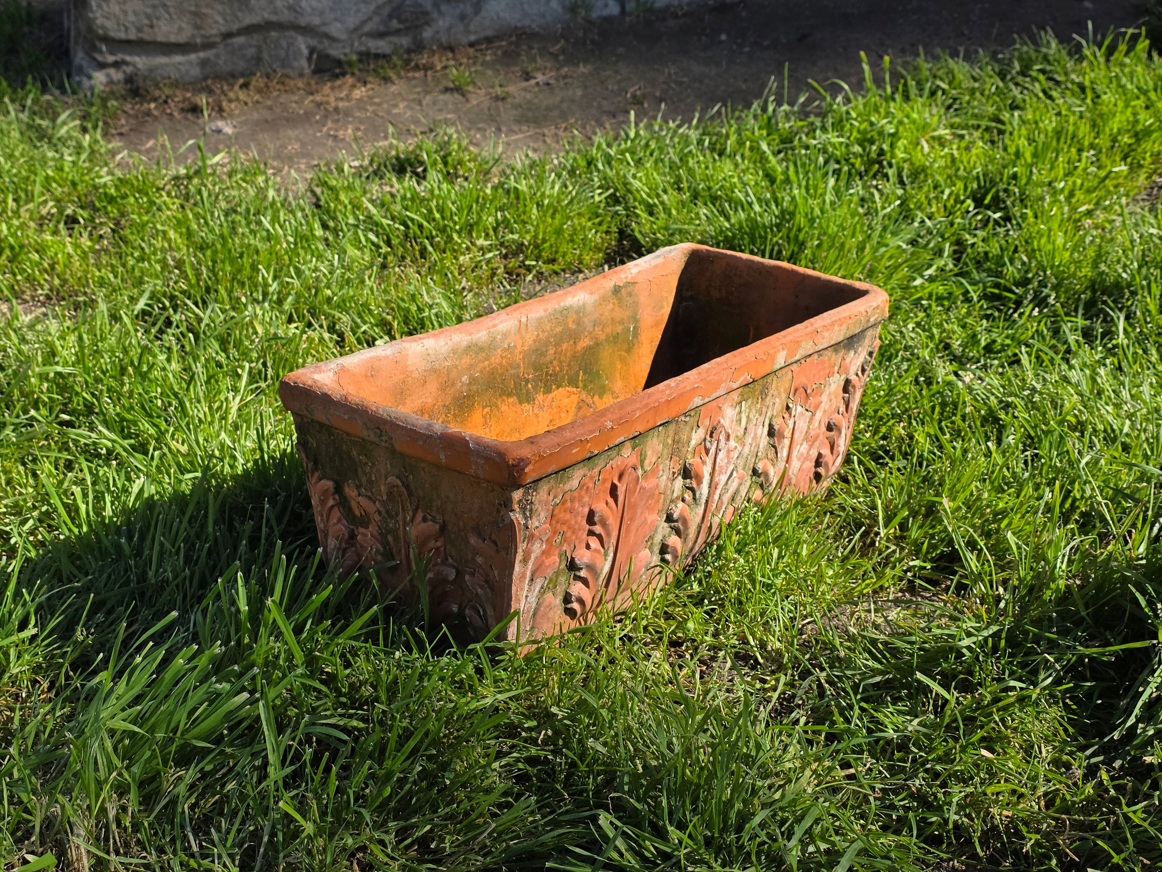 Vintage Italian Terracotta Rectangular Planter - Acanthus Relief Design, 18.5"