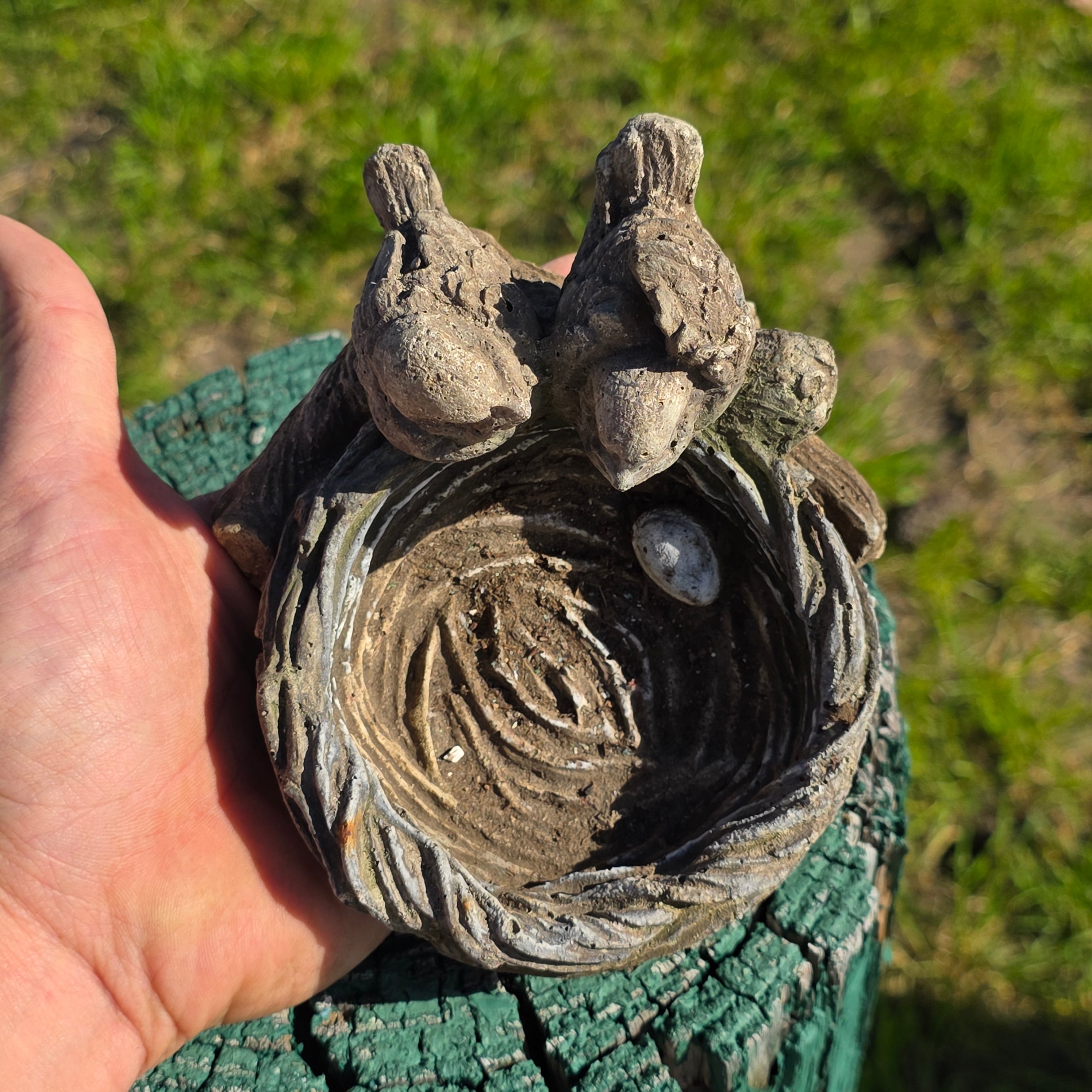 Vintage Concrete Garden Statue - Birds on Nest with Egg