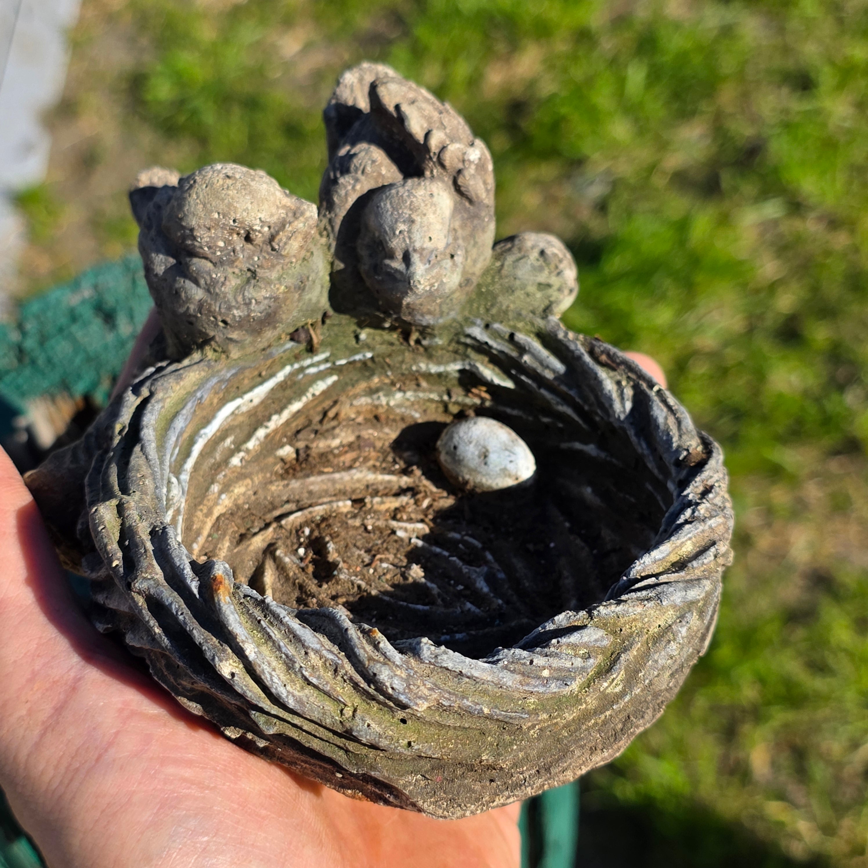 Vintage Concrete Garden Statue - Birds on Nest with Egg