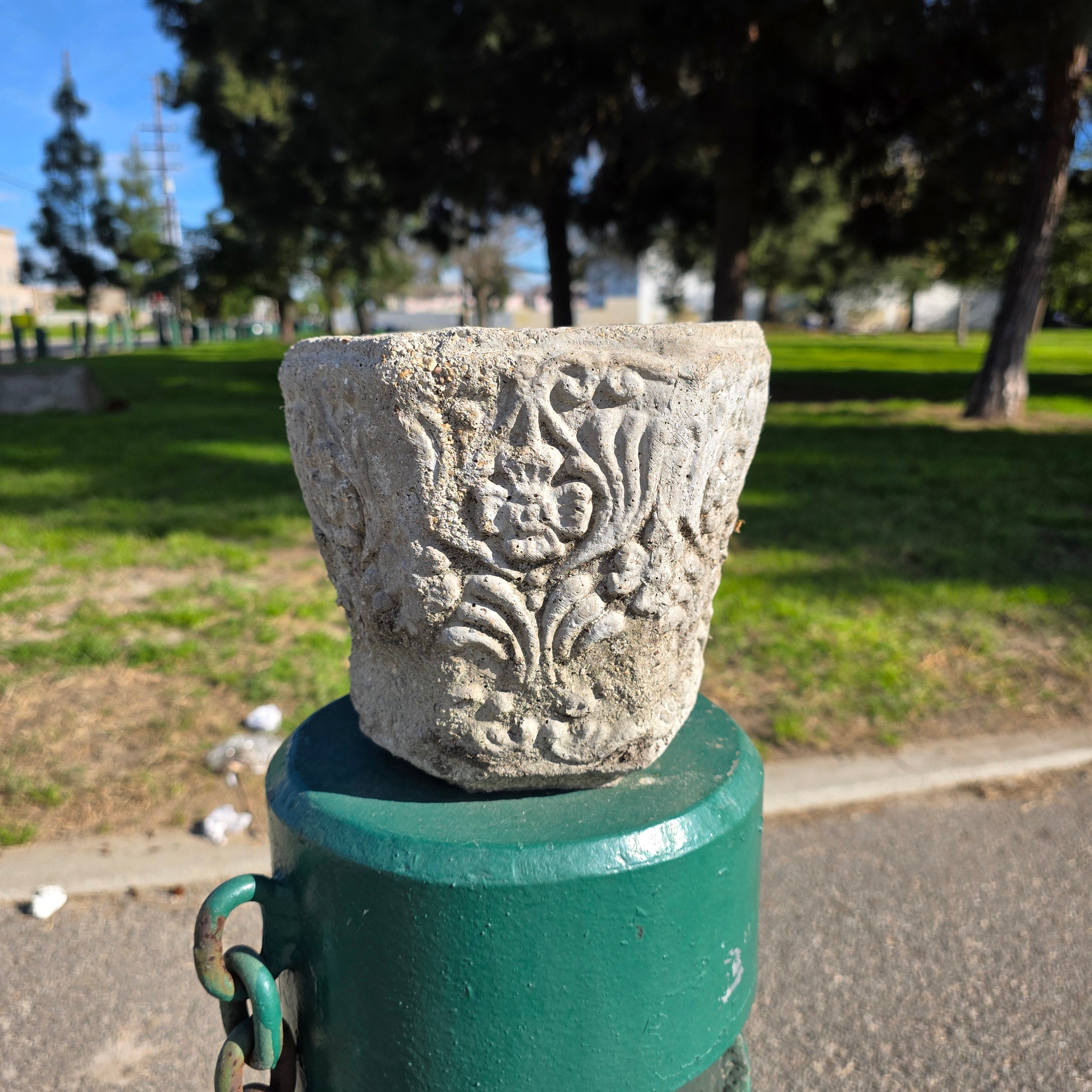 Vintage Concrete Hexagon Planter with Floral Relief - Small Heavy-Duty Pot