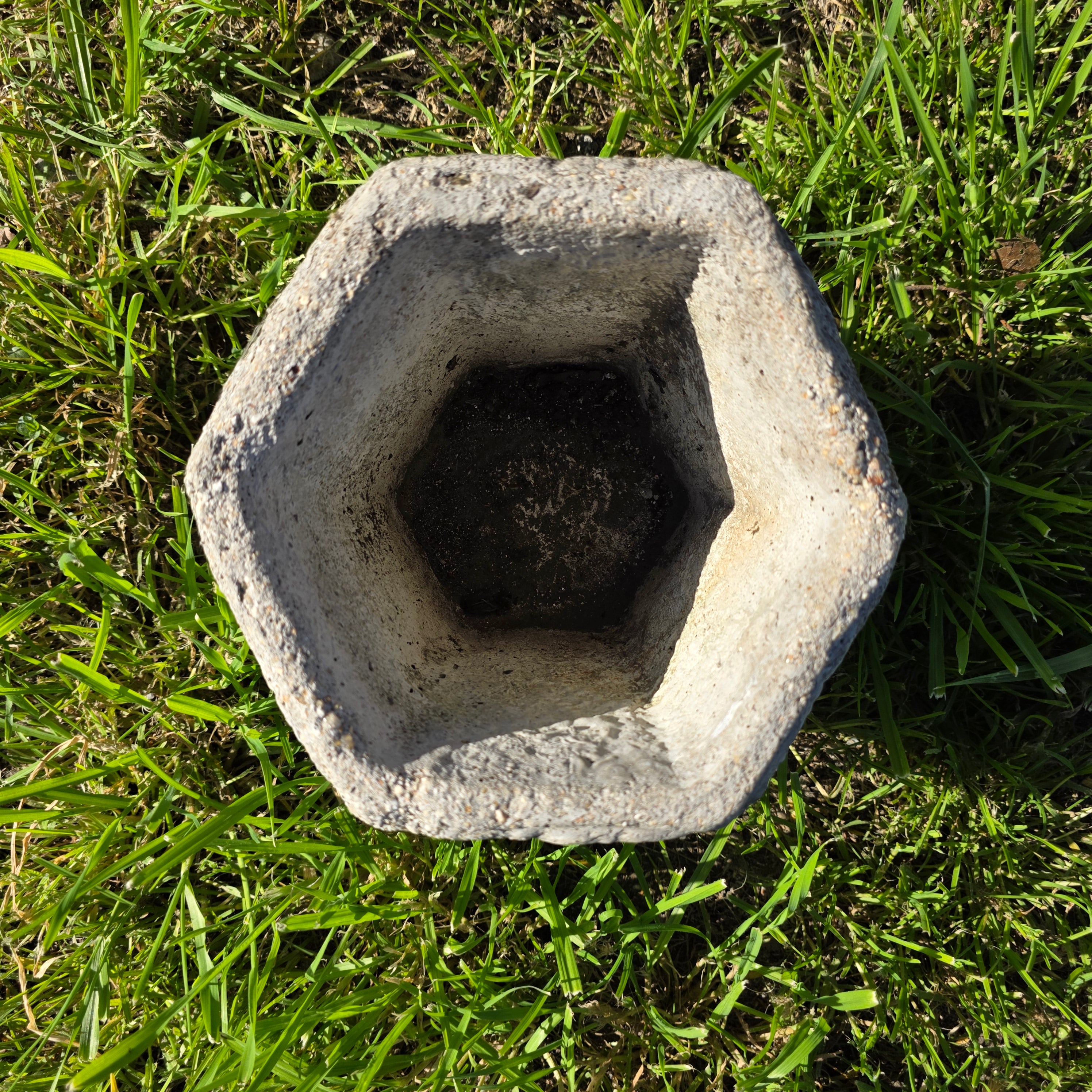Vintage Concrete Hexagon Planter with Floral Relief - Small Heavy-Duty Pot