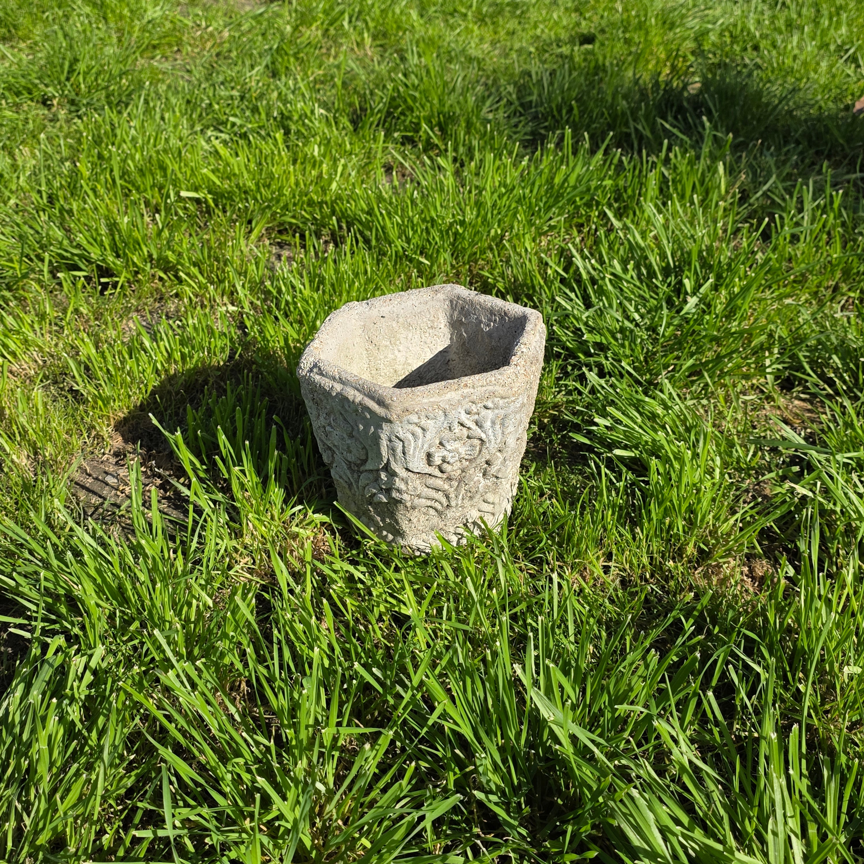 Vintage Concrete Hexagon Planter with Floral Relief - Small Heavy-Duty Pot