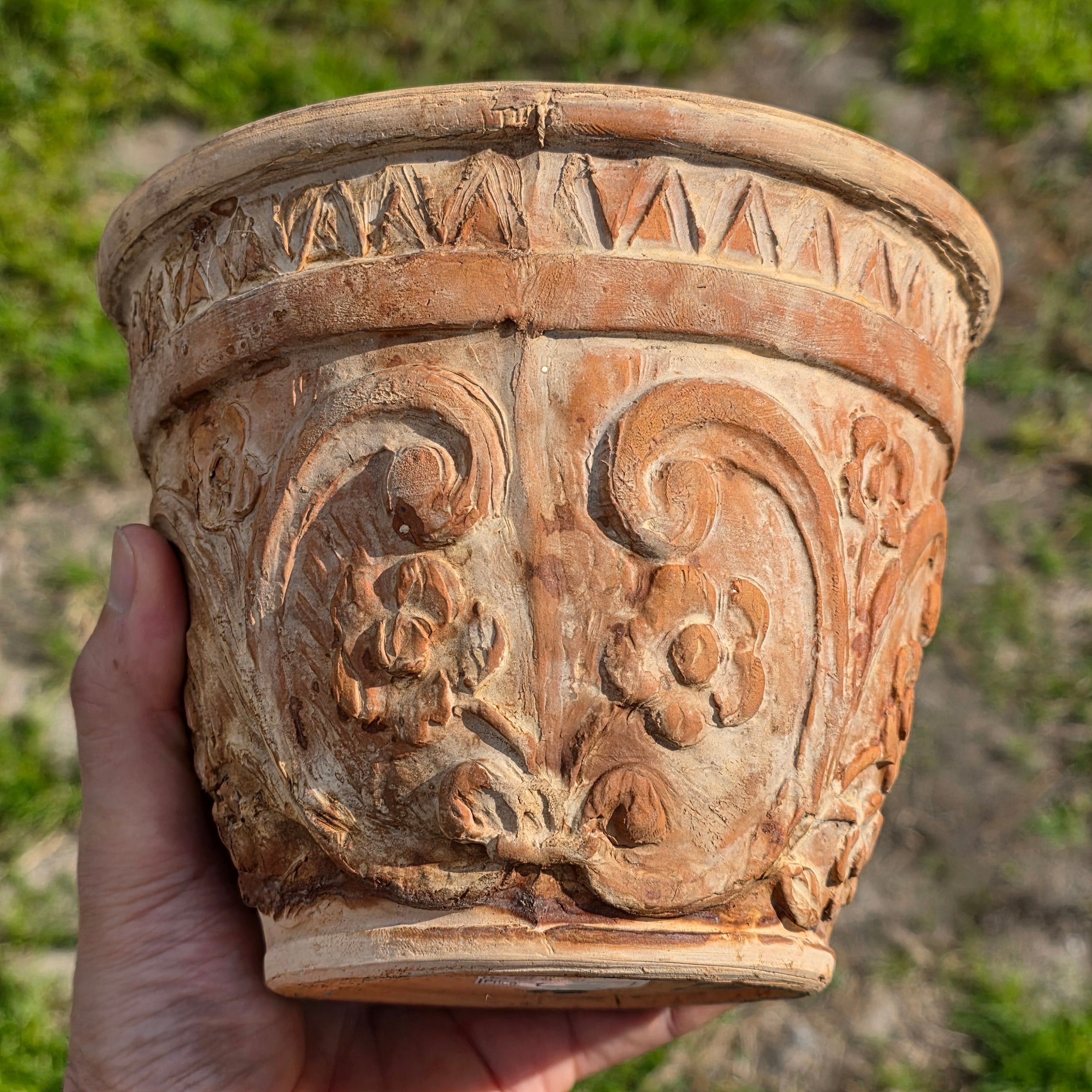 Rare Vintage Spanish Terracotta Planter Ornate Floral Relief with Italian Saucer