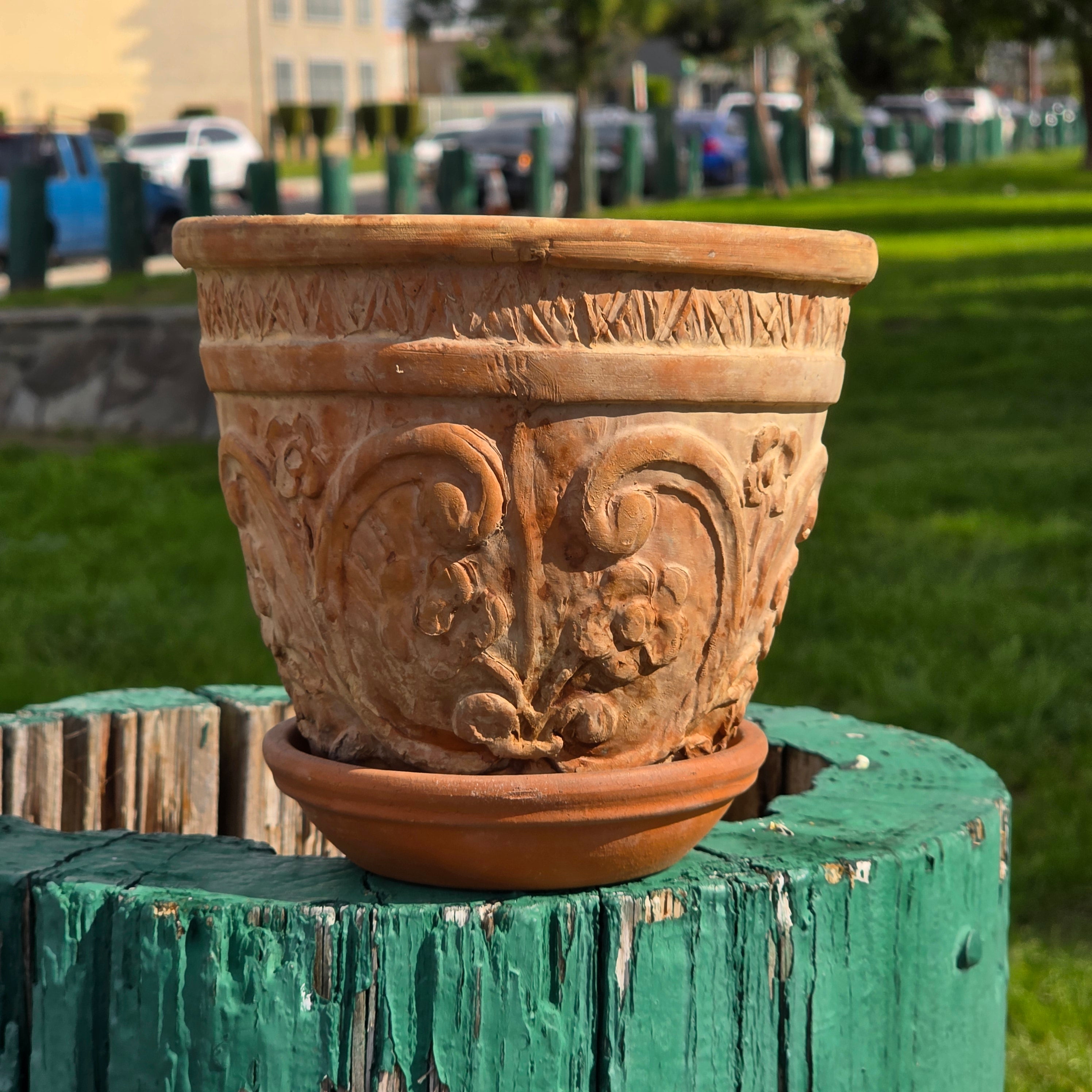 Rare Vintage Spanish Terracotta Planter Ornate Floral Relief with Italian Saucer