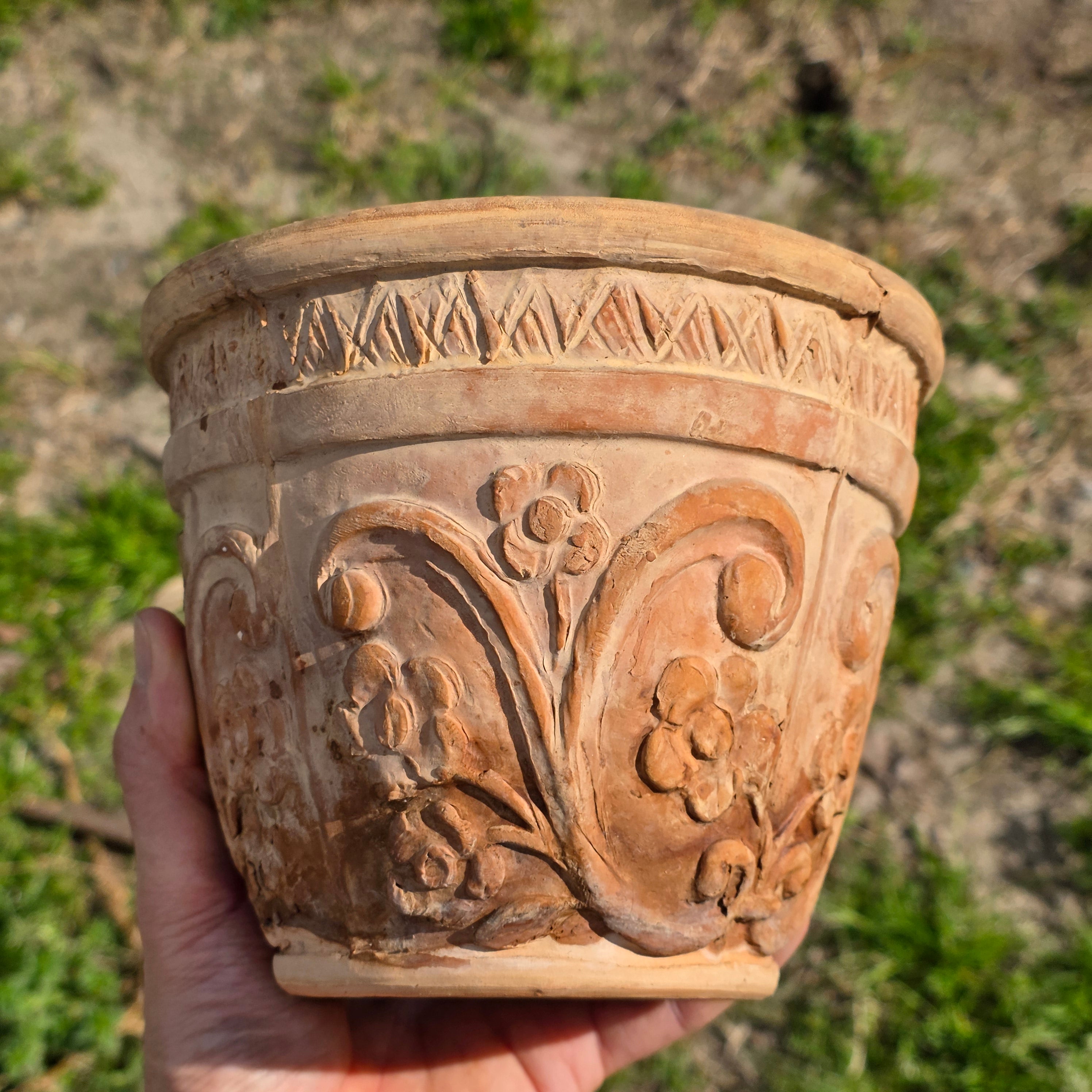 Rare Vintage Spanish Terracotta Planter Ornate Floral Relief with Italian Saucer