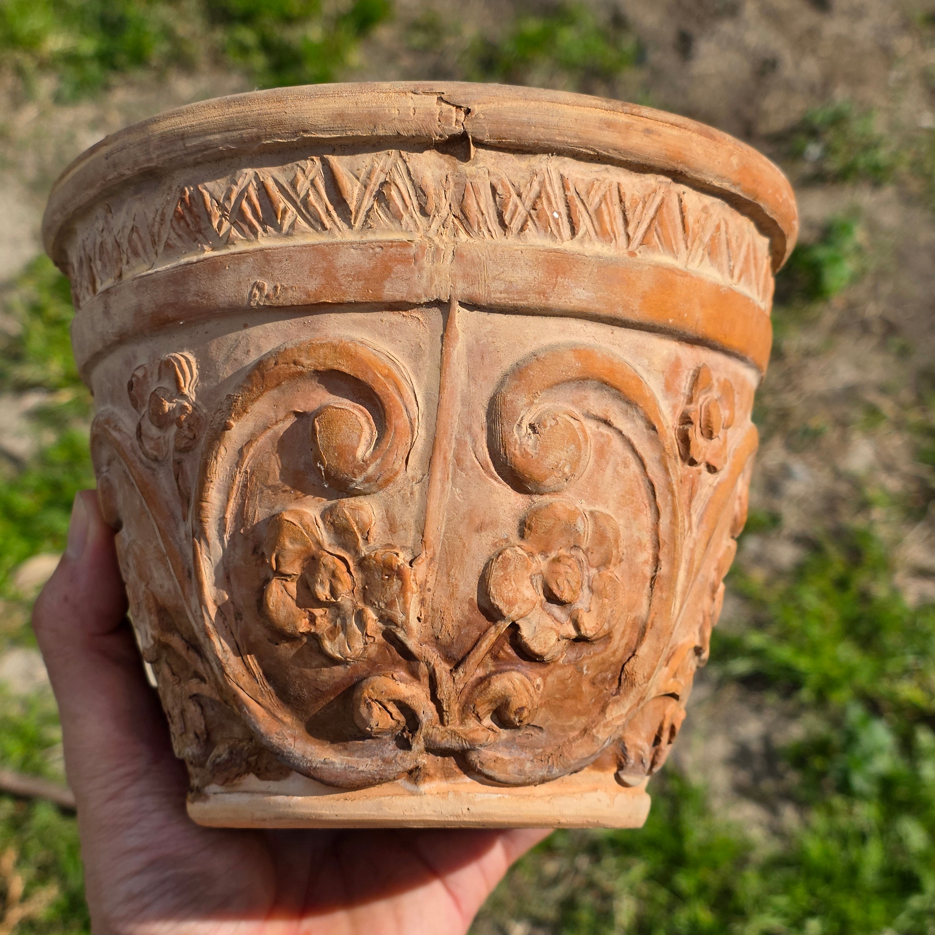 Rare Vintage Spanish Terracotta Planter Ornate Floral Relief with Italian Saucer