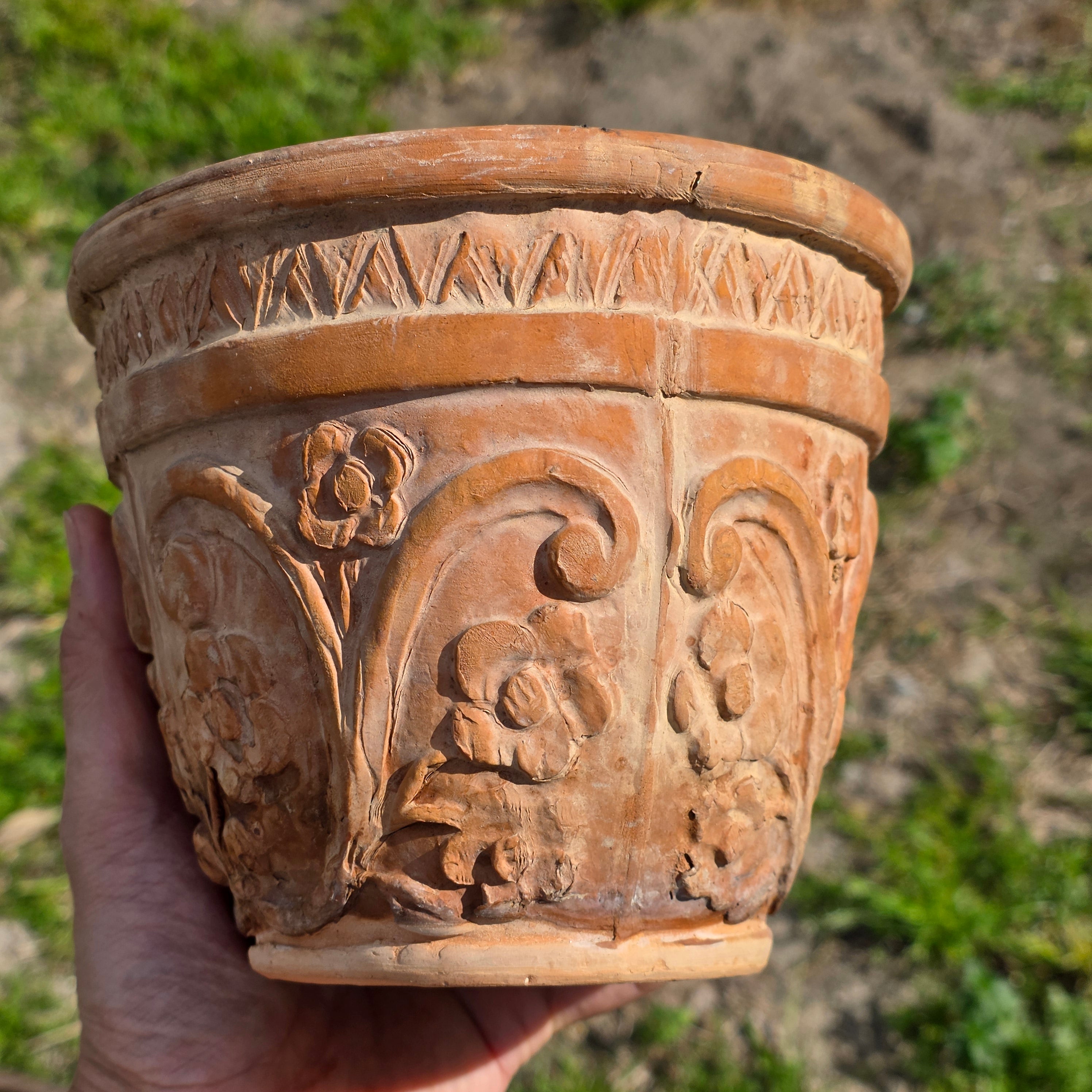 Rare Vintage Spanish Terracotta Planter Ornate Floral Relief with Italian Saucer