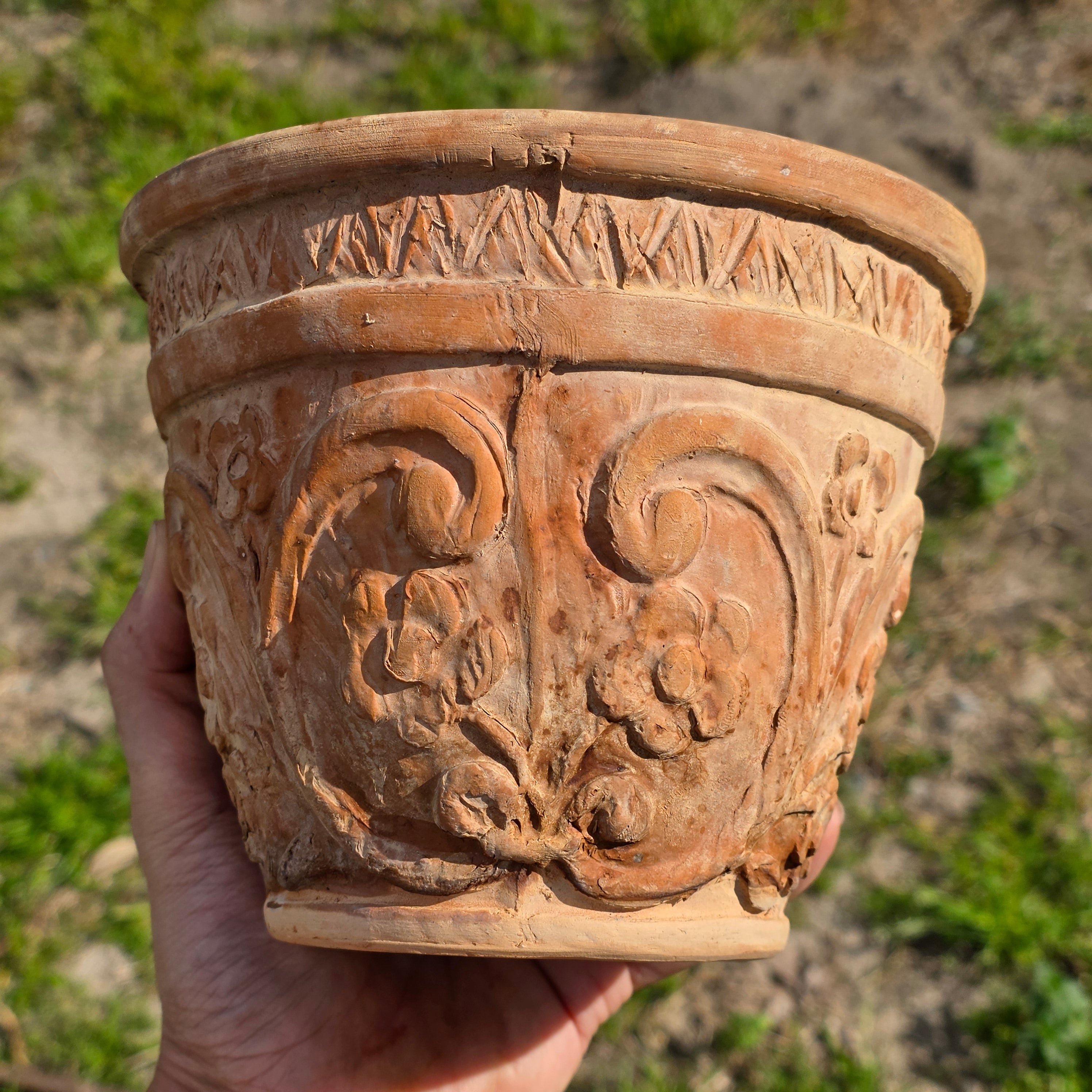 Rare Vintage Spanish Terracotta Planter Ornate Floral Relief with Italian Saucer