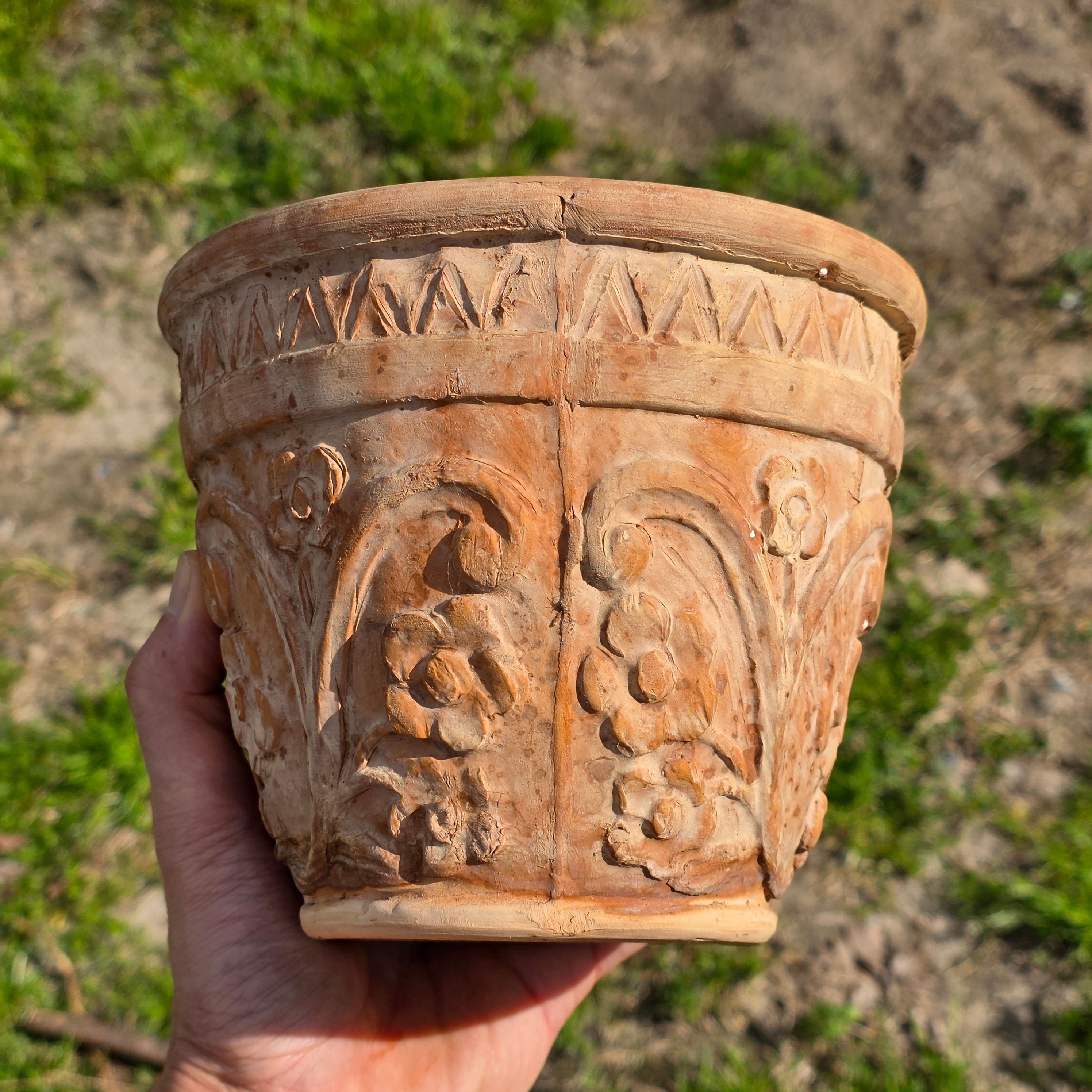 Rare Vintage Spanish Terracotta Planter Ornate Floral Relief with Italian Saucer