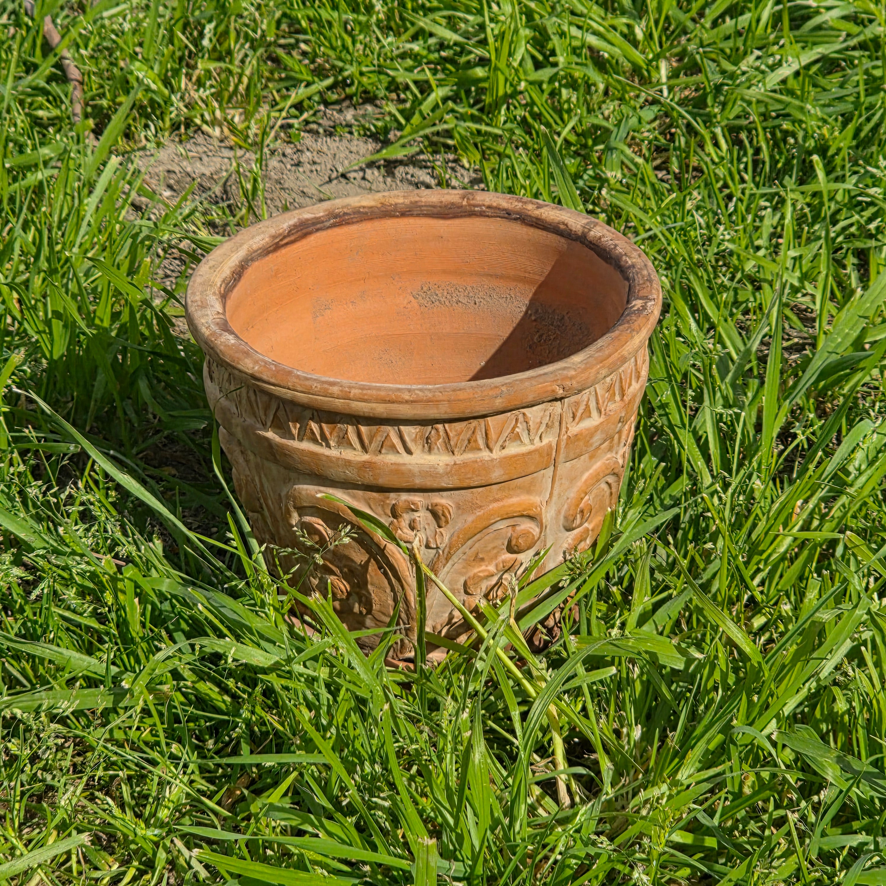 Rare Vintage Spanish Terracotta Planter Ornate Floral Relief with Italian Saucer