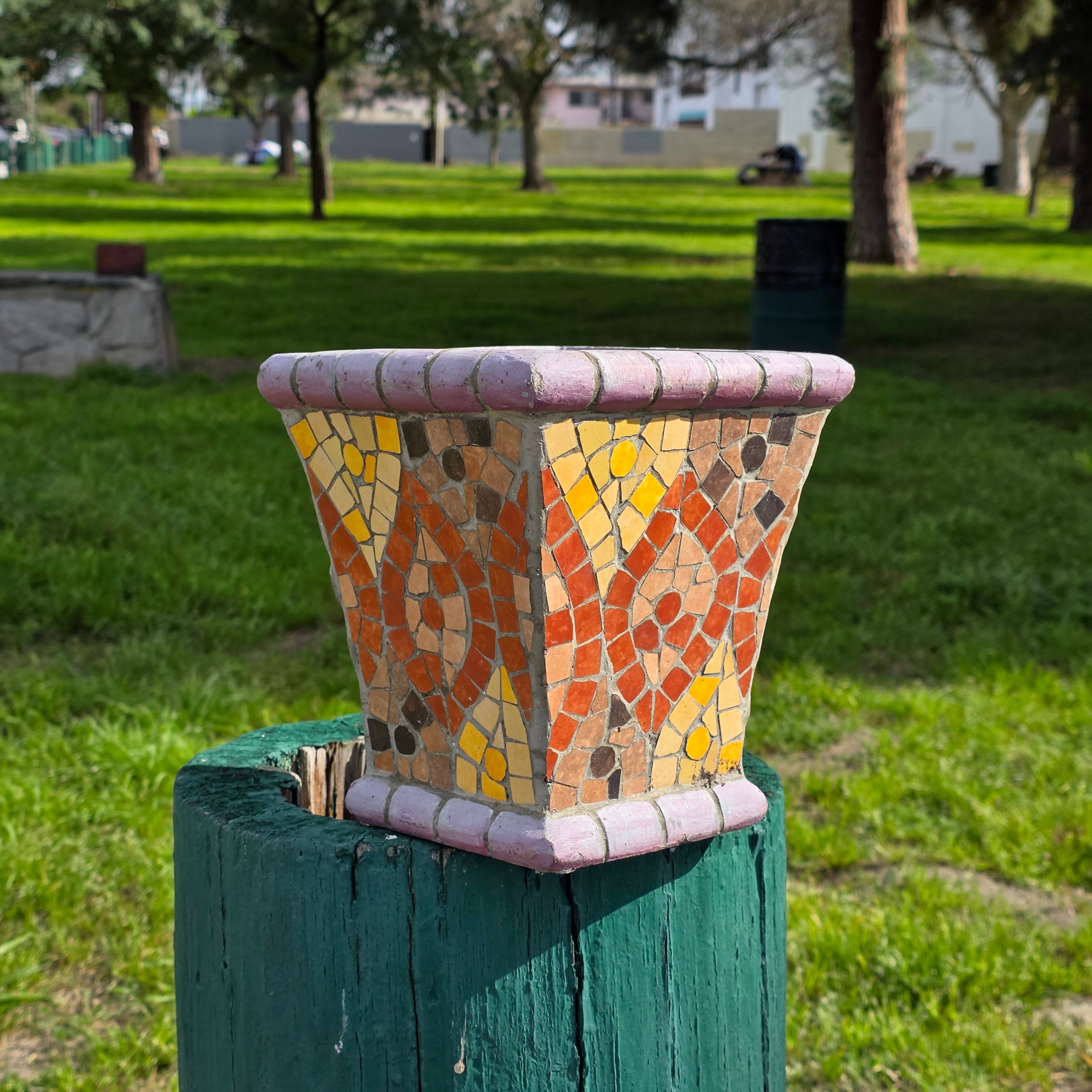 Vintage Handmade Mosaic Tile Planter - Geometric Sunburst Terracotta Pot