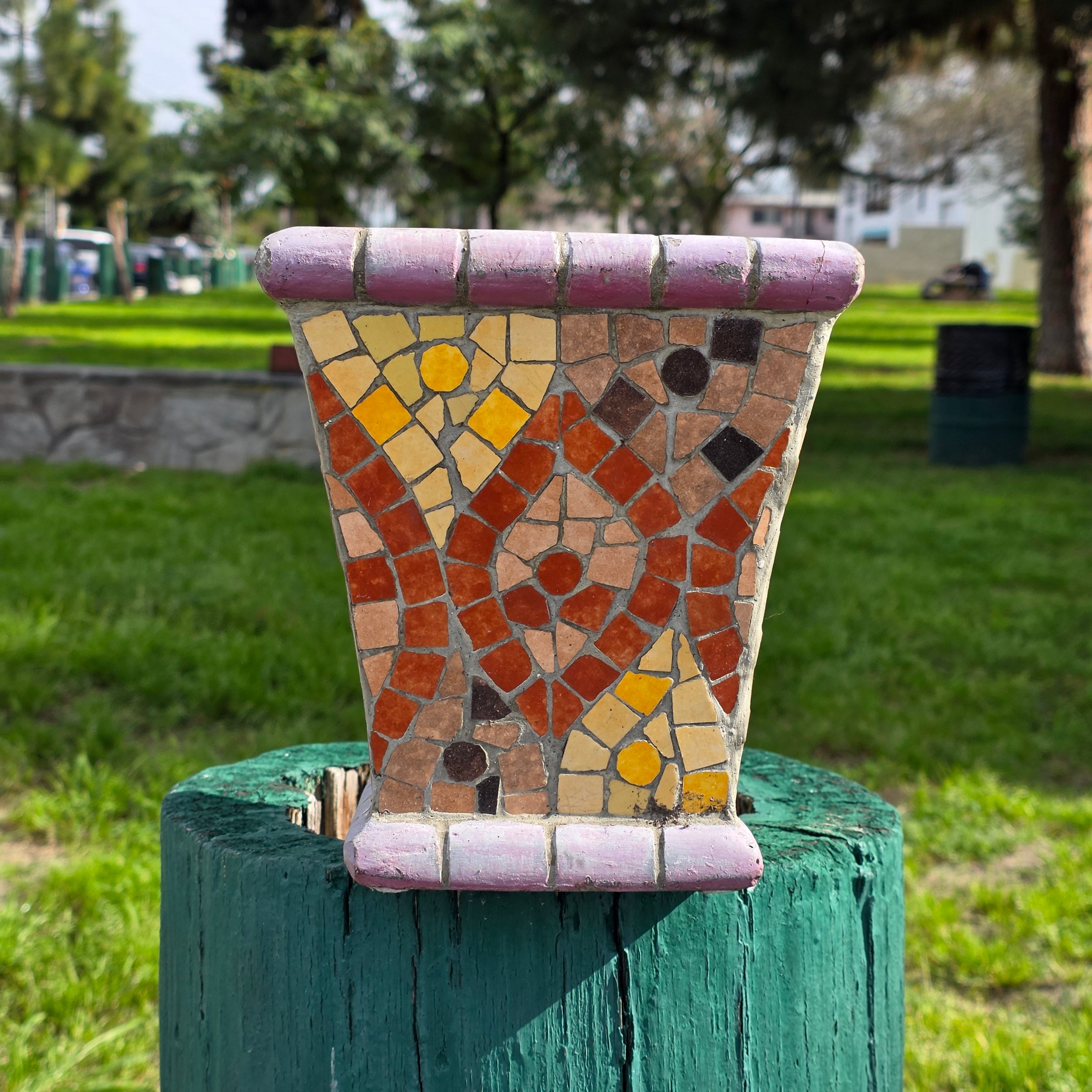 Vintage Handmade Mosaic Tile Planter - Geometric Sunburst Terracotta Pot