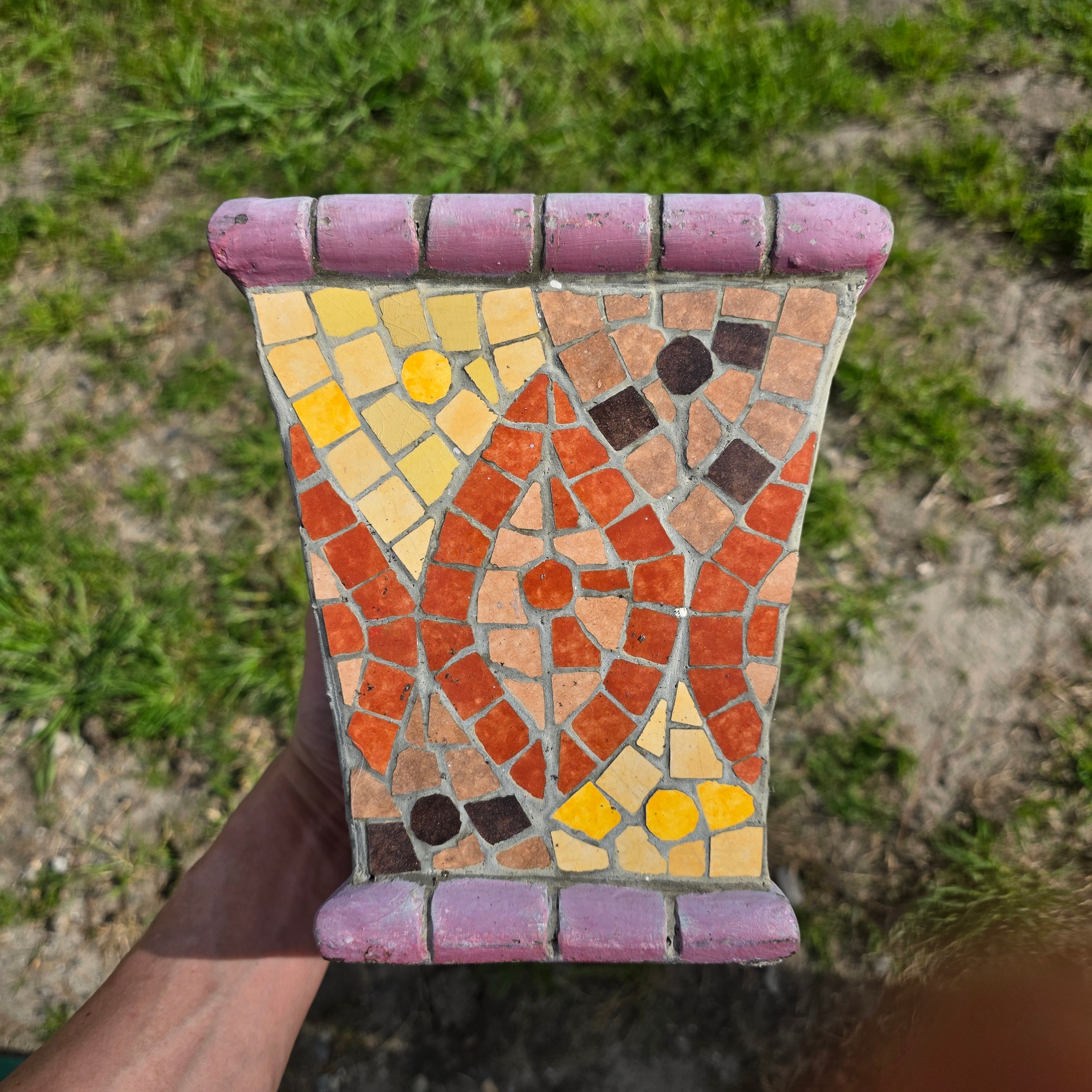 Vintage Handmade Mosaic Tile Planter - Geometric Sunburst Terracotta Pot