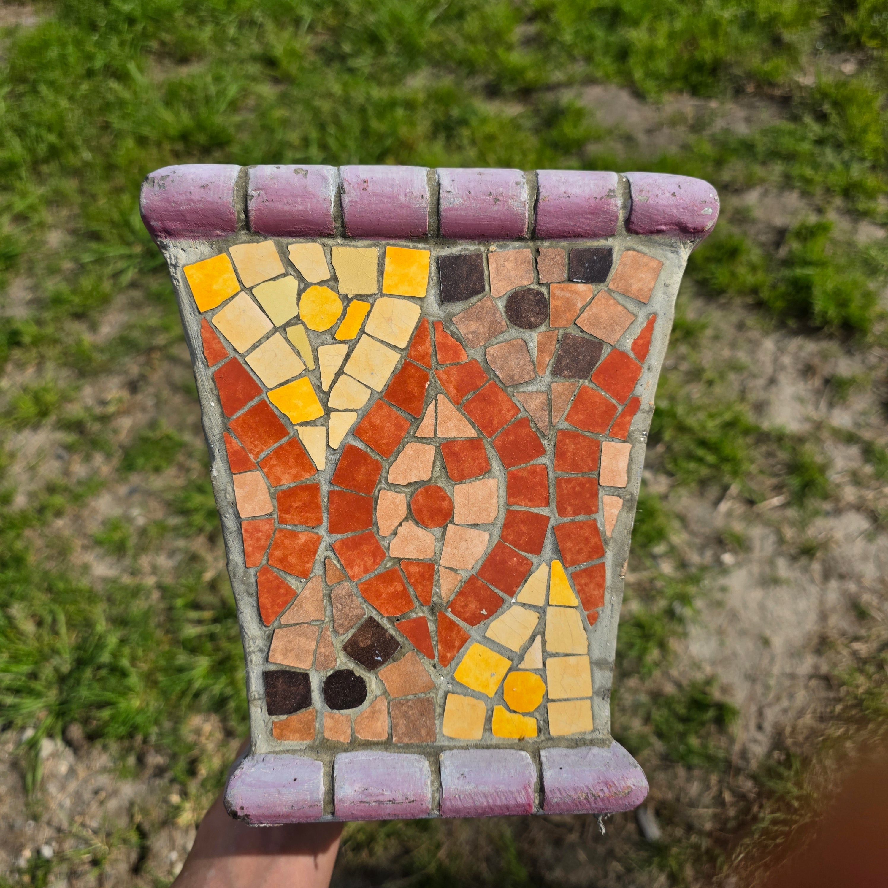 Vintage Handmade Mosaic Tile Planter - Geometric Sunburst Terracotta Pot