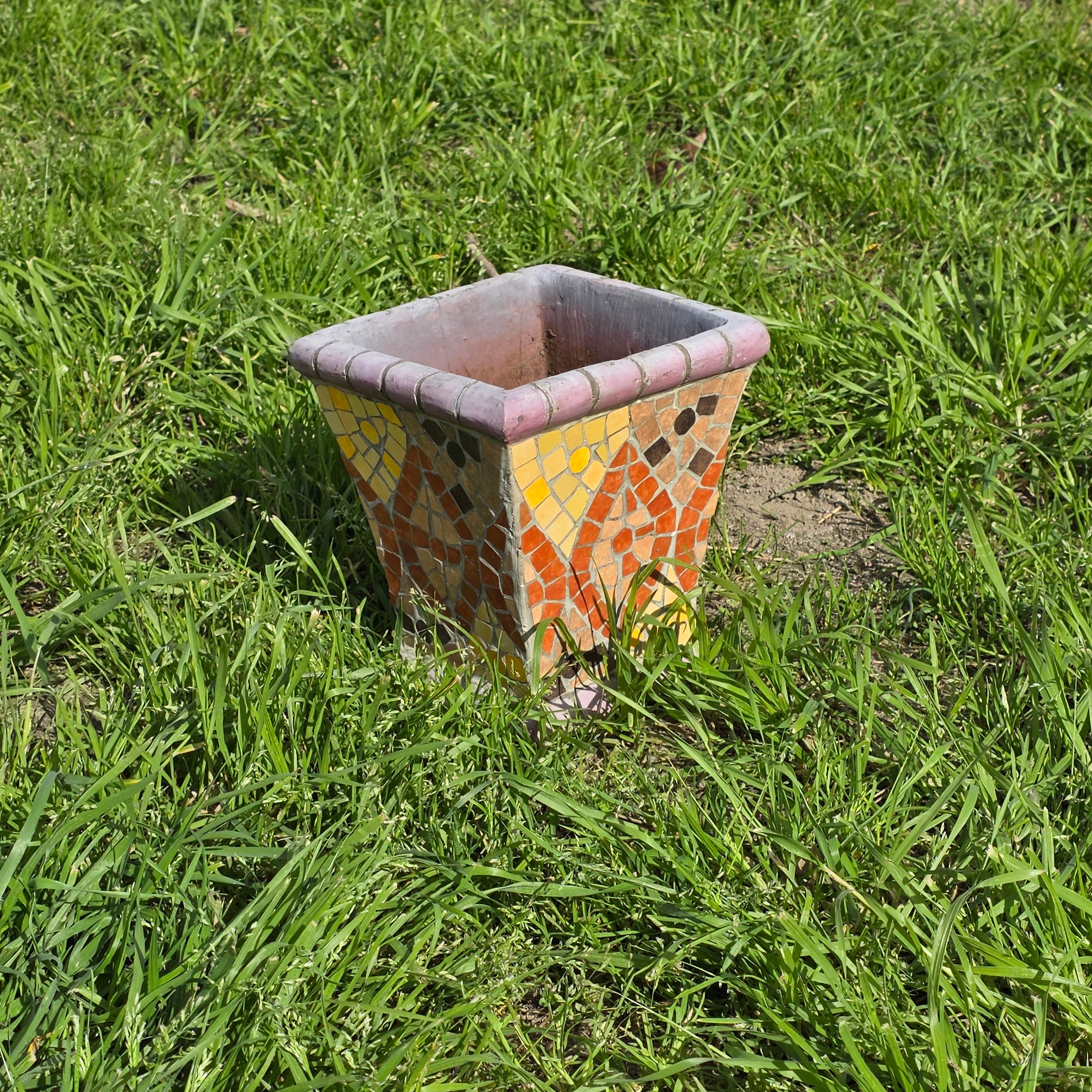 Vintage Handmade Mosaic Tile Planter - Geometric Sunburst Terracotta Pot