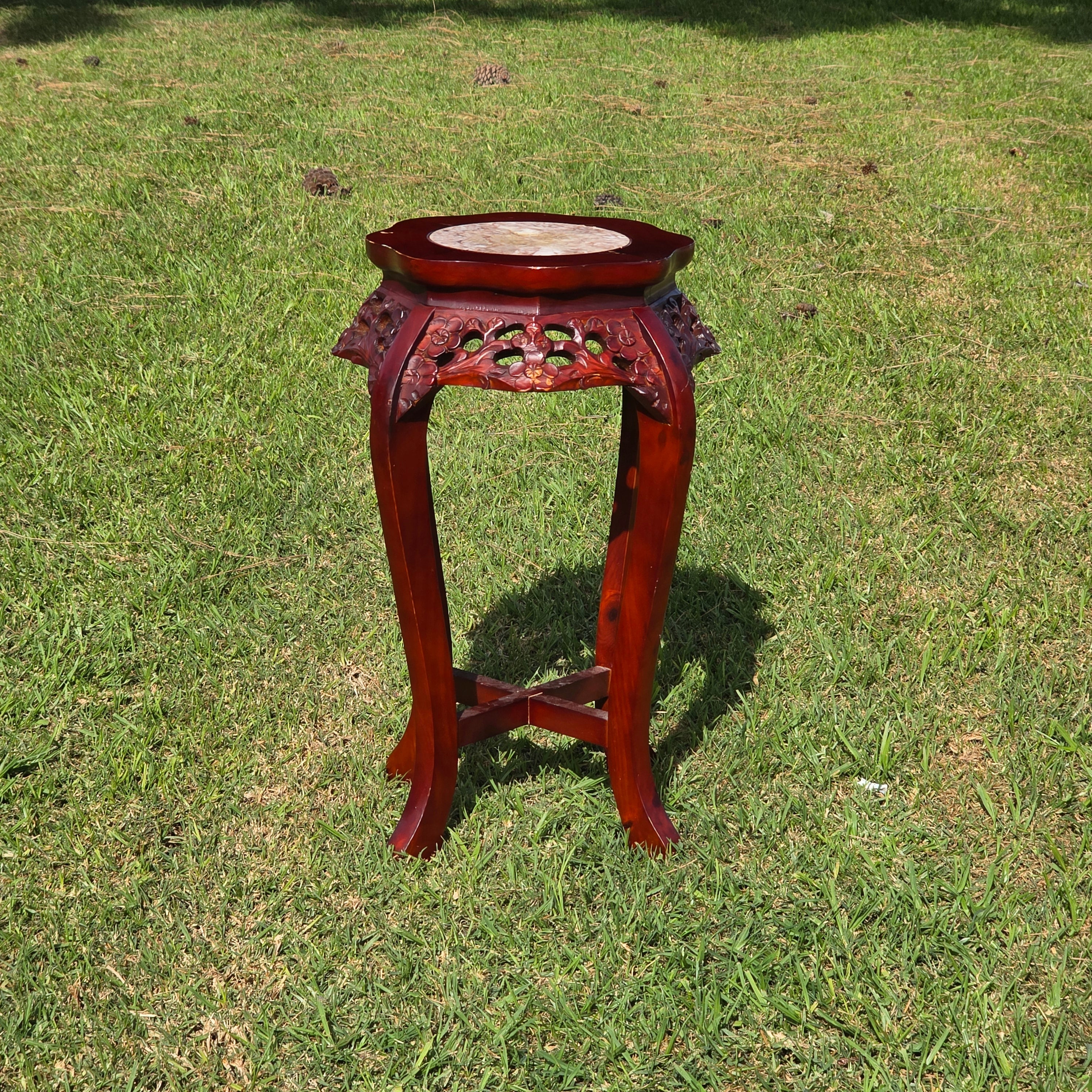 Vintage Chinese Marble Top Plant Stand - Carved Wood Pedestal with Flower Relief
