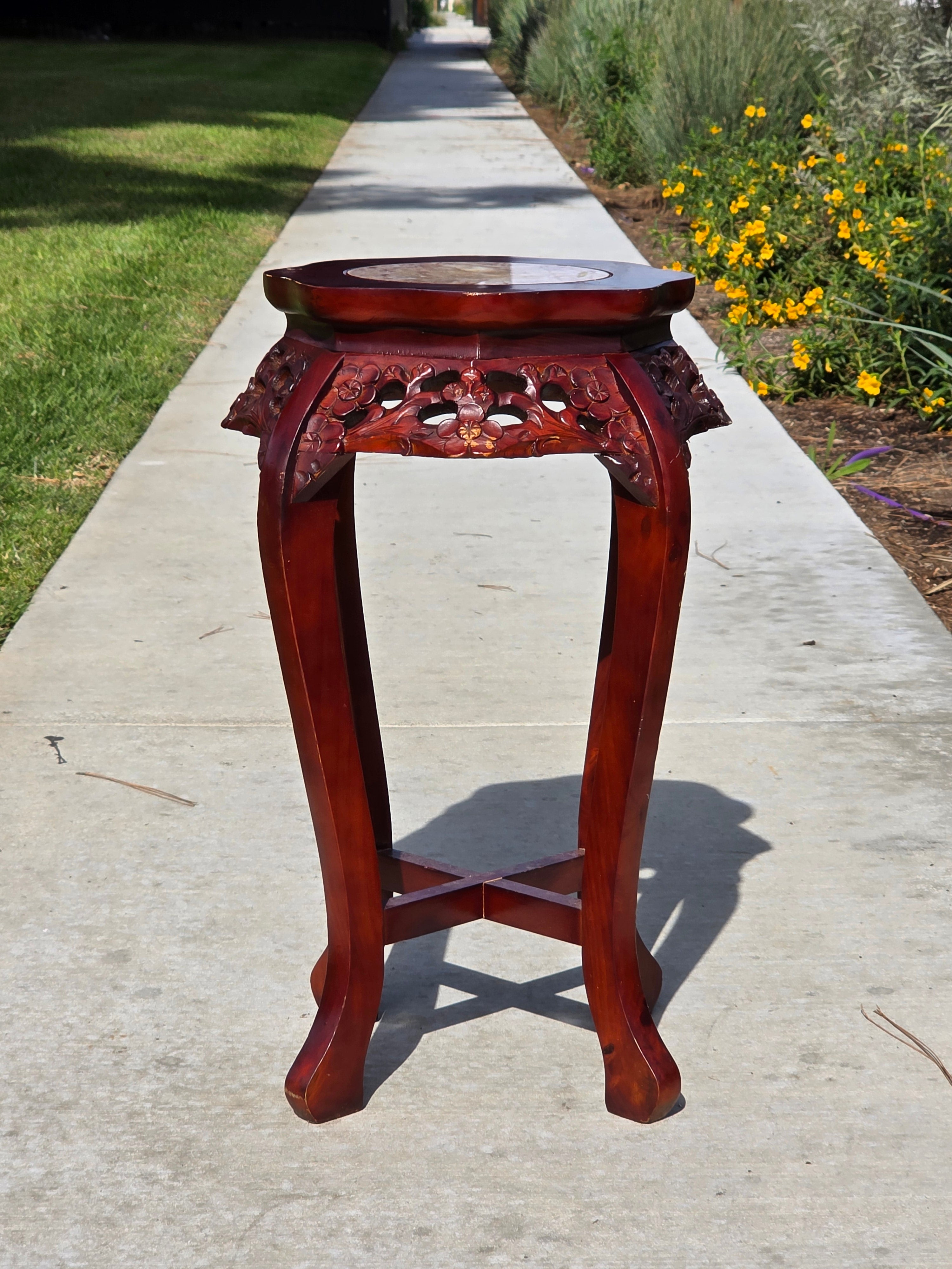Vintage Chinese Marble Top Plant Stand - Carved Wood Pedestal with Flower Relief